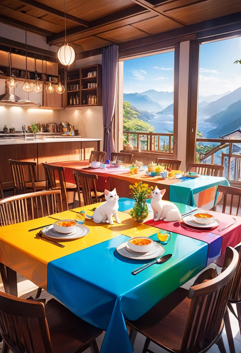 (Panorama, center, masterpiece, highest quality: 1.2), (8K, Raw photo, highest quality), ((masterpiece:1.2)), Realistic, Ultra-high resolution, High Contrast, Photon Mapping, Bright colors, Real, Ultra-detailed, Very detailed, Raw photo, Genuine, Official Art, RAW Photos, Professional Lighting, Light, Professional Writing, twiceLight, Vivid atmosphere, High-definition CG, Unity8k), With a girl in a high 、One white kitten、Eating in the living room。A warm light envelopes a girl and a kitten.、The atmosphere is intimate and safe。On the dining table、A lineup of homemade dishes、enjoying。The interior of the house、Beautifully appointed、It creates a peaceful atmosphere。Family photos and memorabilia on the walls々Decorated with、You can feel the family history and ties.。There's a fire in the fireplace、The warmth spreads throughout the house.。There are plants in the living room、You can feel the vitality of nature。Outside the window、There is a beautiful garden。Colorful flowers bloom in the garden、I can see the little birds chirping。Children playing in the garden、The adults are shown watching over them.。Family ties in nature are emphasized、It gives a sense of the beginning and growth of life.。The home is a sacred place.、By valuing time with family、It symbolizes a day of peace of mind and fulfillment.。Captivating natural beauty,Shining Star Fragment, An atmosphere that exudes the excitement of adventure。An atmosphere that makes you feel happy and joyful。High Fantasy Worldview, A magnificent compositionや比率が美しく描写, Guardian nebula of rainbow light and silvery vapor, Corrosive Encirclement Ray Family Color, Slimy air, A magnificent composition, Epic proportions,