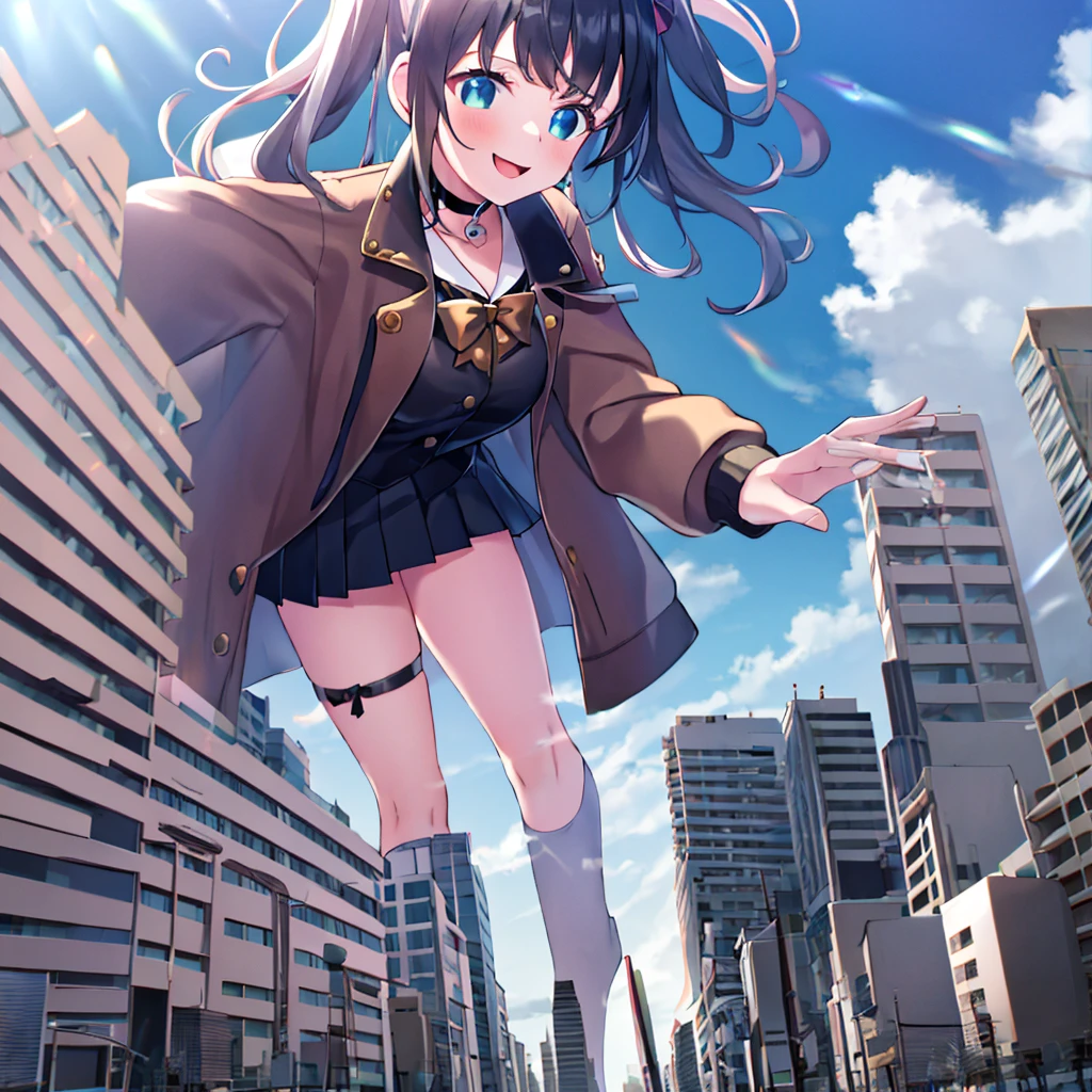 One girl, 16 years old, Two legs, both hands, Bigger than a building, White jacket, Animal Food, White socks, Open jacket, Pleated skirt, Black Skirt, Black sailor collar, Black choker, , Black Shirt, Fluffy long sleeves, Are standing, smile, Cheerfulness, mischief, Anatomically correct, Textured skin, GTSCity