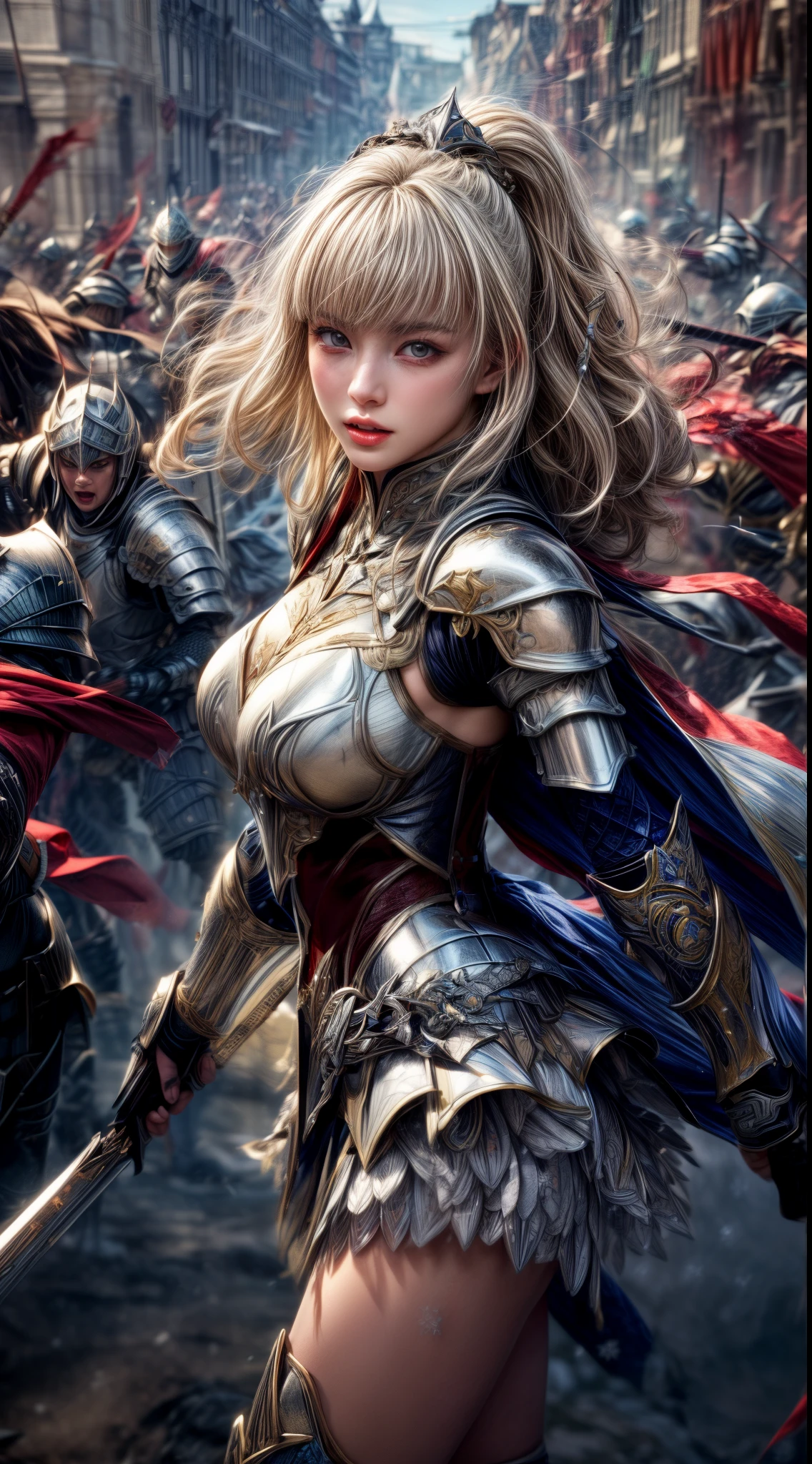 Very beautiful woman、Slender women、(Detailed face)、Realistic Skin、((holy knight)), ((Pearl White Armor))、((((Black armor with very fine and intricate decoration:1.1))))、((Delicate photo))，(Girl Astepeace RAW Photo Details:1.25), (highest quality:1.6), (超A high resolution:1.5), (Realistic:1.75), 8K resolution, Canon EOS R5, 50mm, Absurd, Ultra-detailed,Cinema Lighting,((battlefield))、((battle))、(((White skirt with embellishments)))、Thigh-high socks、Shin Guards、((Blonde))、((Curly Hair))、((Drill Hair))、((Wavy short hair with bangs,))、Get six-pack、Cape、Beautiful Armor、(((Has a huge weapon)))、(In combat)、The wind is blowing、((Symmetrical Armor))、((((Blizzard))))、(((Leading a large group of knights:1.2)))、Banner、Armor with a snow and ice motif、(((Battle Scene)))