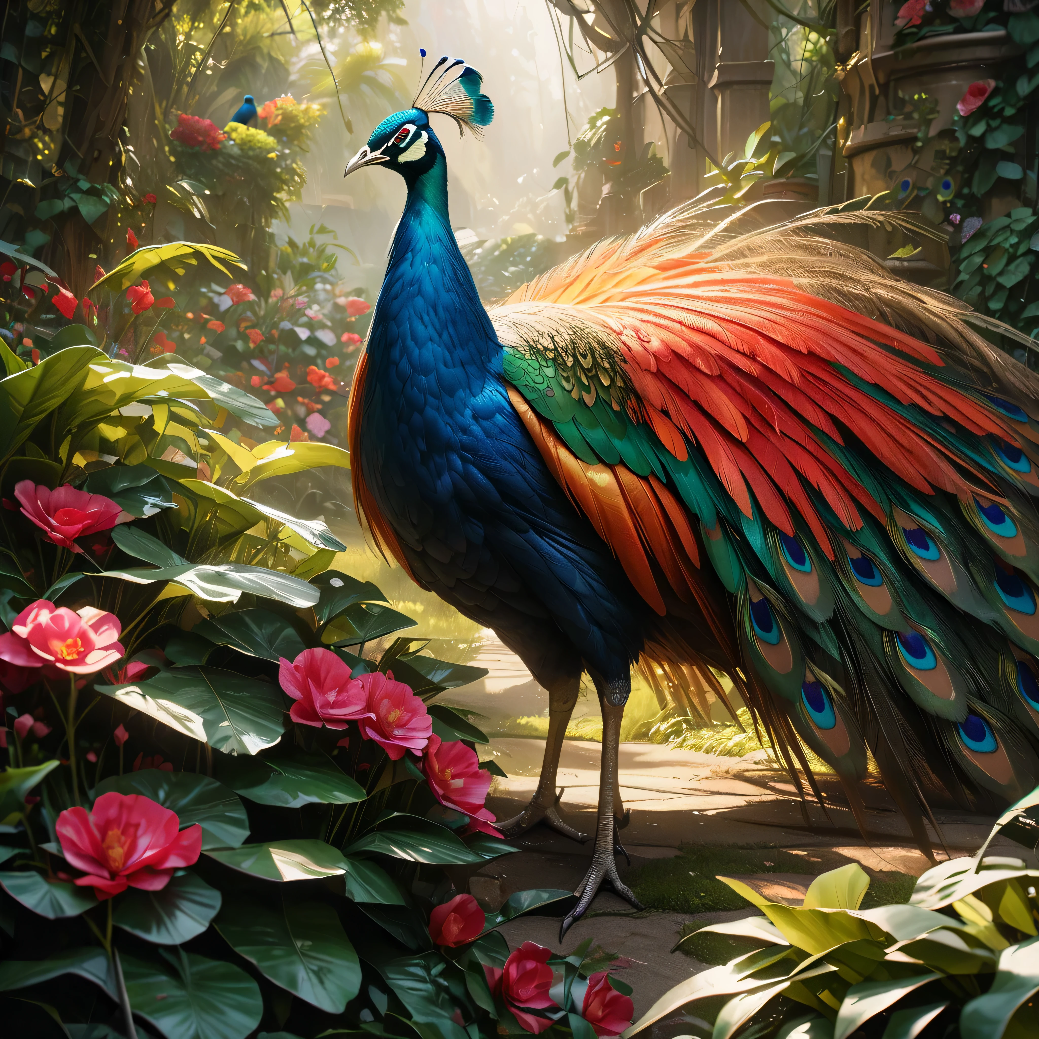 a red peacock with golden feathers walking in a garden, stunning peacock, beautiful bird, magnificent plumage, vibrant colors, intricate feather details, lush garden, green foliage, flowers blooming, natural lighting, photorealistic, highly detailed, 8k, (best quality,4k,8k,highres,masterpiece:1.2),ultra-detailed,(realistic,photorealistic,photo-realistic:1.37)

