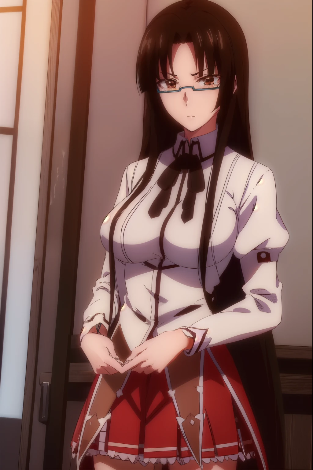 tsubakishinra, Tsubaki Shinra, Long Hair, Black Hair, (Brown eyes:1.5), Glasses, Semi-rimless eyewear, Under-rim eyewear, (parted bangs:1.5), bangs, blunt bangs, break shirt, ribbon, , White shirt, black ribbon, neck ribbon, Long sleeve, skirt, red skirt, break indoors, classroom, break looking at viewer, (Cowboy Shot:1.5), break (masterpiece:1.2), highest quality, High resolution, unity 8k wallpaper, (figure:0.8), (Beautiful fine details:1.6), Highly detailed face, Perfect lighting, Highly detailed CG, (Perfect hands, Perfect Anatomy),Bedroom, On the bed, nsfw, nudist,