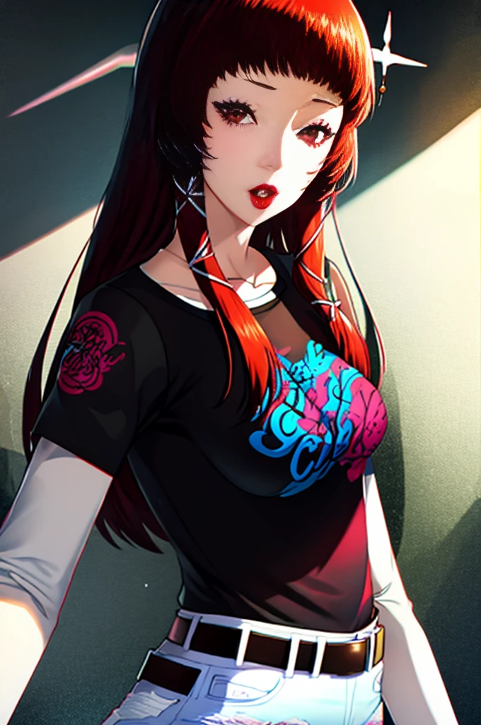 Chidori Yoshino, 1girl, solo, black t-shirt, white shirt, blue jeans, belt, lipstick, large breasts,
