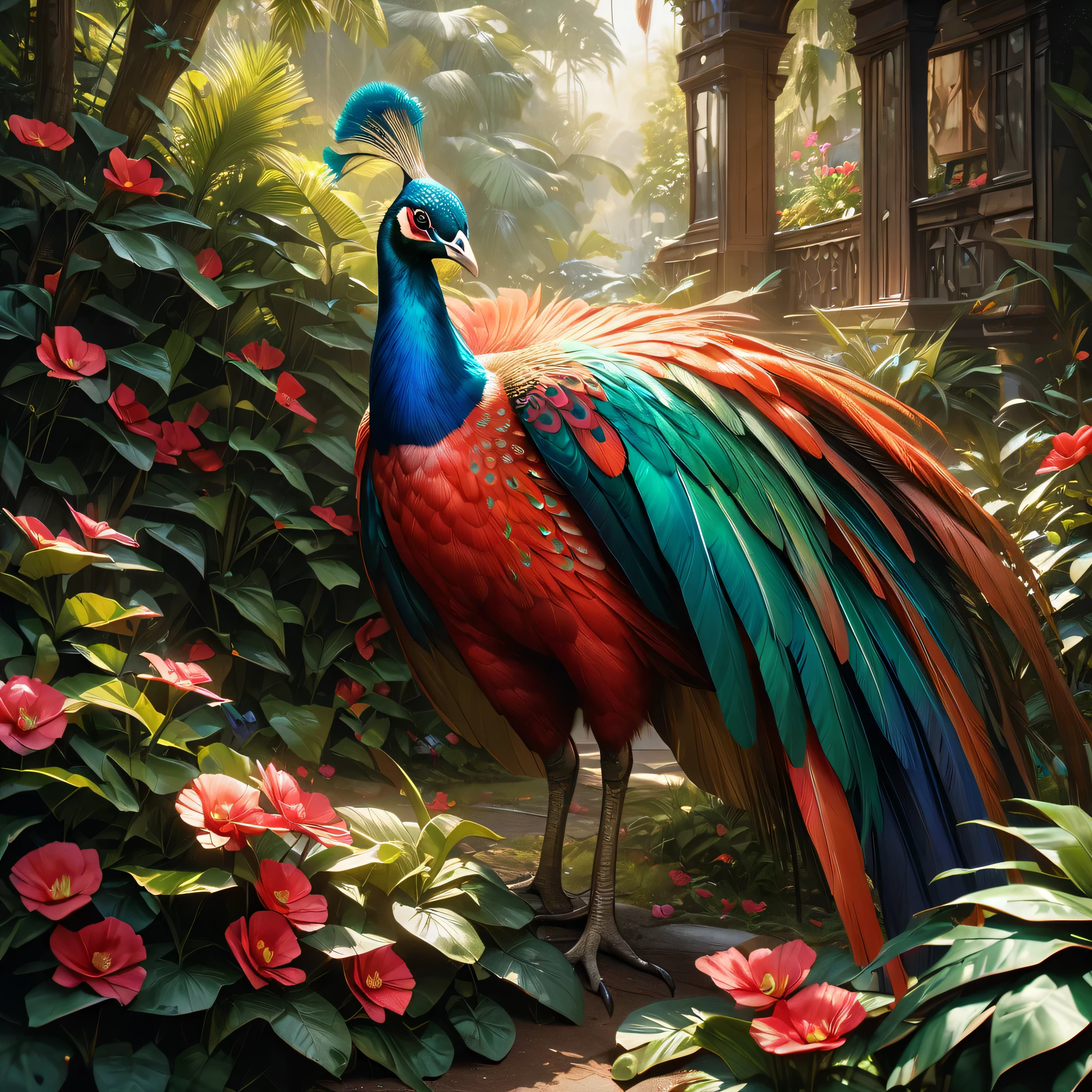 a red peacock with golden feathers walking in a garden, stunning peacock, beautiful bird, magnificent plumage, vibrant colors, intricate feather details, lush garden, green foliage, flowers blooming, natural lighting, photorealistic, highly detailed, 8k, (best quality,4k,8k,highres,masterpiece:1.2),ultra-detailed,(realistic,photorealistic,photo-realistic:1.37)