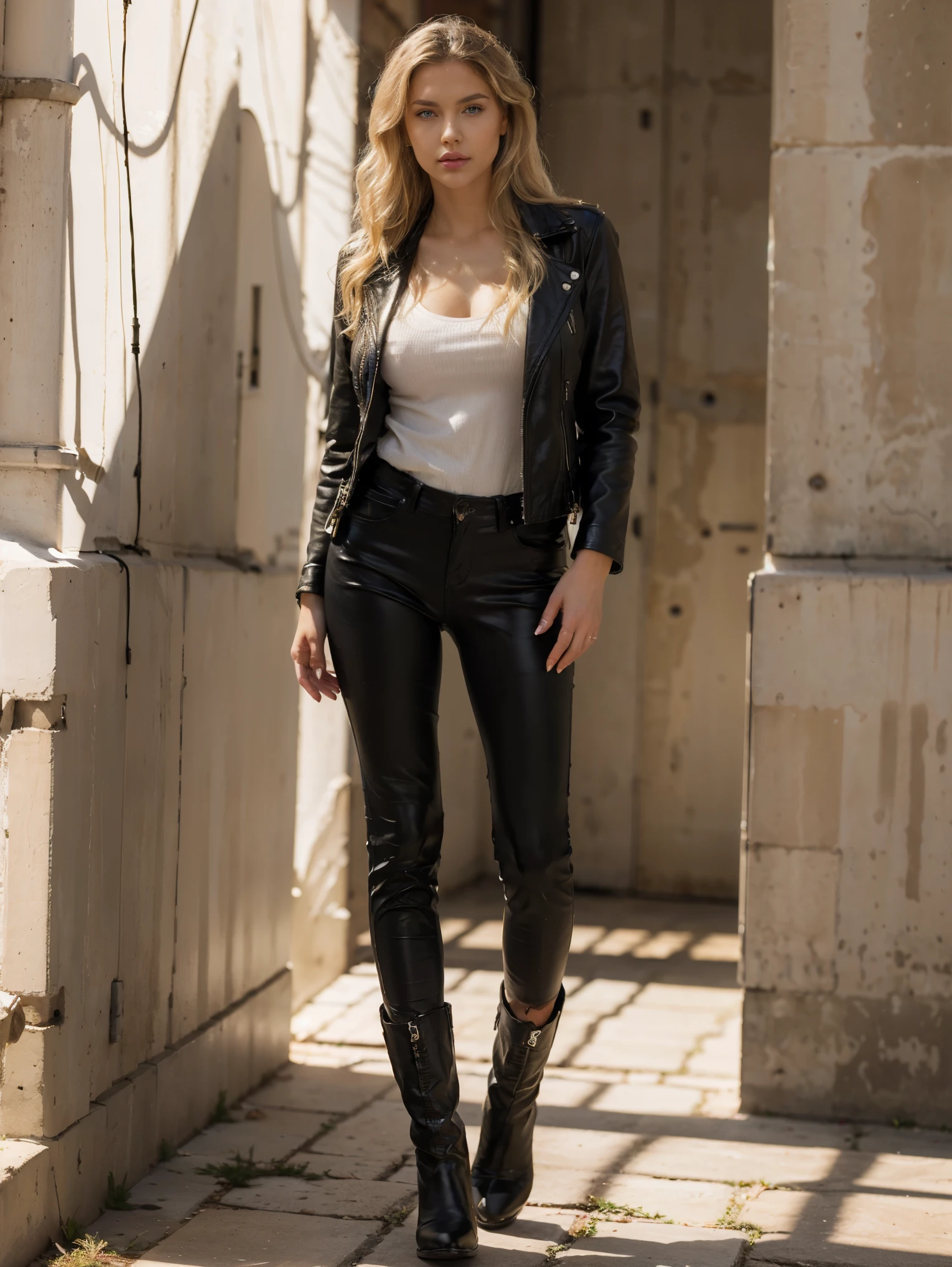 full body woman 25 years old blue eyes very, very long blonde wavy hair blown by the wind in a leather jacket black leather pants brown leather western boots highly detailed intricate light shadow effects digital bright colors sharp shadows