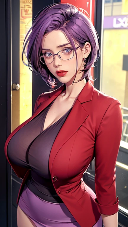 （（（完美number，number，red blazer， Grey shirt，Hip skirt（（（JMT,Glasses,Purple Hair,short hair,Purple Eyes,Michondev，Purple Eyes，Purple Hair，Medium Length Hair，）））型number:1.7））），((masterpiece)),high resolution, ((Best quality at best))，masterpiece，quality，Best quality，（（（ Exquisite facial features，looking at the audience,There is light in the eyes，Happy，Interweaving of light and shadow，(((Large Breasts、Breast sagging、Low-cut，Cleavage，Wide hips,)))((Long legs)),Hourglass figure))））），（（（looking at camera，)）））