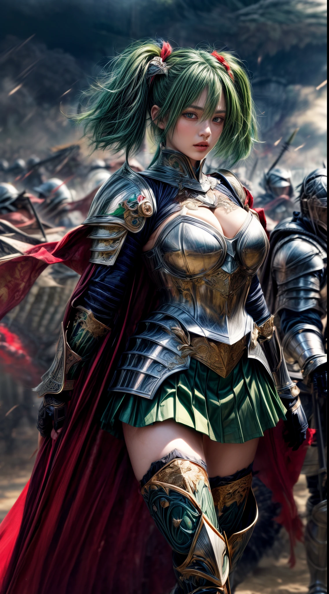 Very cute 、No makeup、Slender、(((low length)))、(Detailed face)、Realistic Skin、((holy knight)), ((Dark Green Armor))、((((Black armor with very fine and intricate decoration:1.1))))、((Delicate photo))，(Girl Astepeace RAW Photo Details:1.25), (highest quality:1.6), (超A high resolution:1.5), (Realistic:1.75), 8K resolution, Canon EOS R5, 50mm, Absurd, Ultra-detailed,Cinema Lighting,((battlefield))、((battle))、(((Decorative green skirt)))、Thigh-high socks、Shin Guards、((Dark green hair))、((Low Twintails))、((Hairstyle with bangulticolored Hair))、Get six-pack、Cape、Beautiful Armor、(((Has a huge weapon)))、(In combat)、The wind is blowing、((Symmetrical Armor))、((((tornado))))、(((Leading a large group of knights:1.2)))、Banner、Lion-themed armor、(((Battle Scene)))