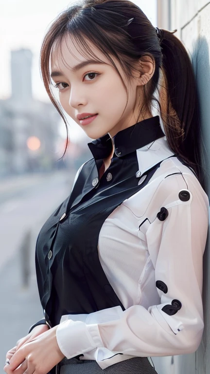 company employee、(Body turned to the side、Shooting from the side、Looking to the side,Shooting from the side:1.6),Not looking here、(General shirt、Wearing a white blouse、Wearing a typical business suit),(The fourth button on her blouse is slightly open.,Only the fourth button is open、White Button、All buttons except the fourth button are closed、A small amount of her chest is visible through the gap between the buttons.、The edge of the bra is visible through the gap between the buttons.:1.4),Mid-chest、slender、ponytail、Black Hair、Beauty、23 years old、cute、smile、(Long shirt:1.8),Tuck the shirt into the skirt