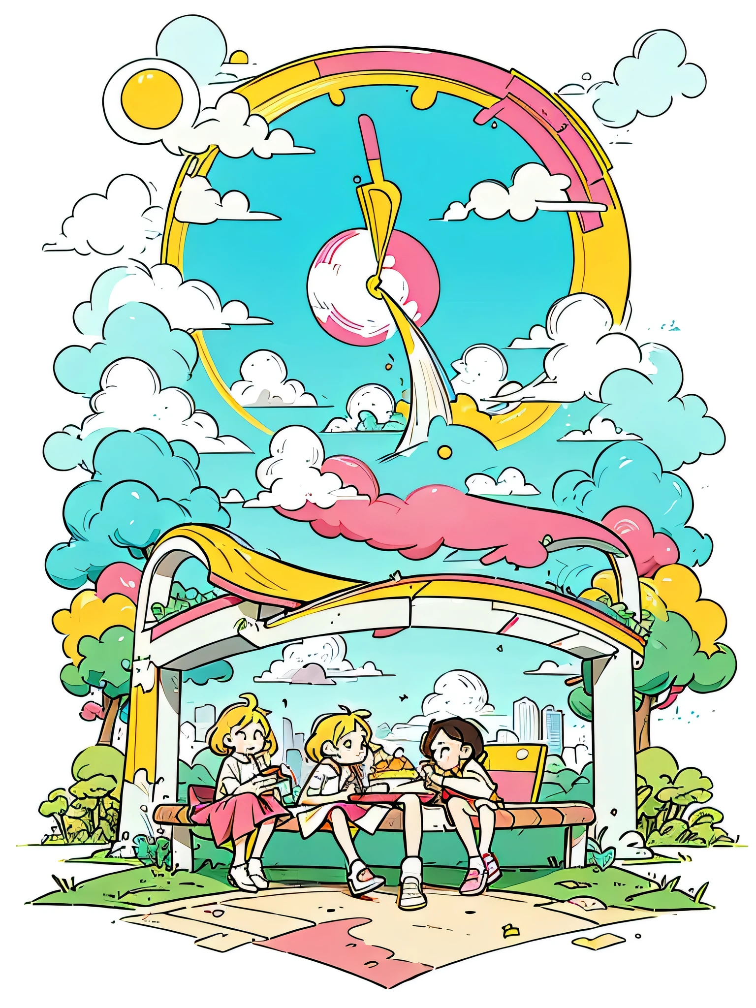 Vector illustration of young, fashionable men and women picnicking in the park, with flowing lines and warm colors set against a white background. The scene captures the essence of a modern, stylish park environment, where young people gather to relax and enjoy each other's company. The design features clean, simple lines and a limited color palette, emphasizing the sophisticated beauty of the urban park setting. The characters, with their youthful energy and trendy outfits, embody the vibrancy and grace of city life. The super saturated, vivid, and bright colors, rendered in a pop art vector style, lend a sense of surrealism and whimsy to the scene, creating a visually captivating and memorable composition.