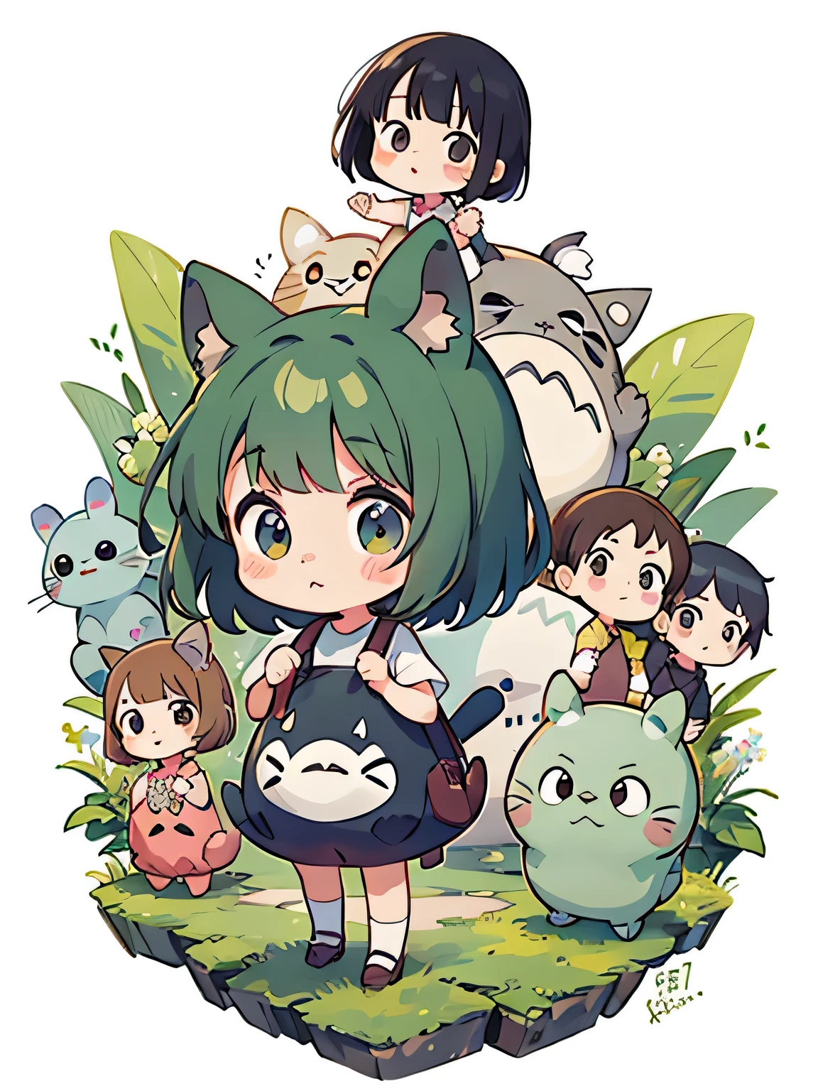 My Neighbor Totoro Style, Kawaii Design, (((10 people)))、most beautiful girl ever、Chibi, Colorful bob hair、((Lots of friends))、Totoro Forest