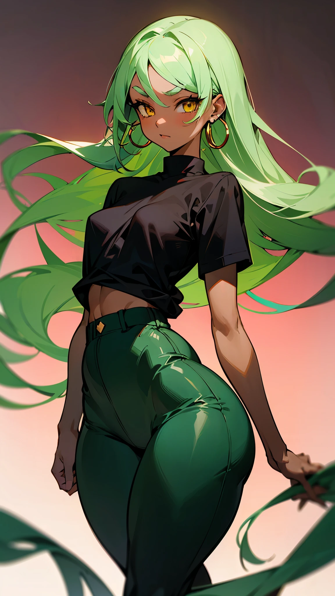 Beautiful anime-style girl, long green hair slightly curly, dark skin, yellow eyes, black pants, wide plain white shirt with no print, hoop earrings, eyebrow piercing, small breasts, wide hips, thick thighs, big ass