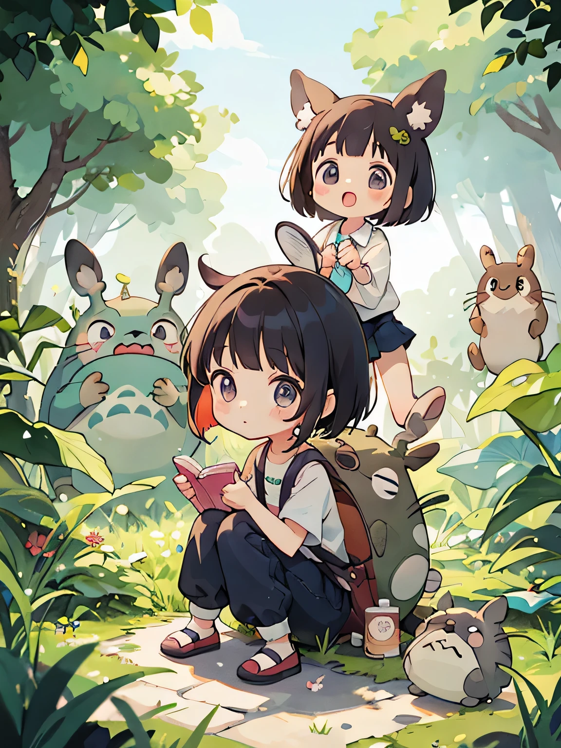 My Neighbor Totoro Style, Kawaii Design, (((10 people)))、most beautiful girl ever、Chibi, Colorful bob hair、((Lots of friends))、Totoro Forest