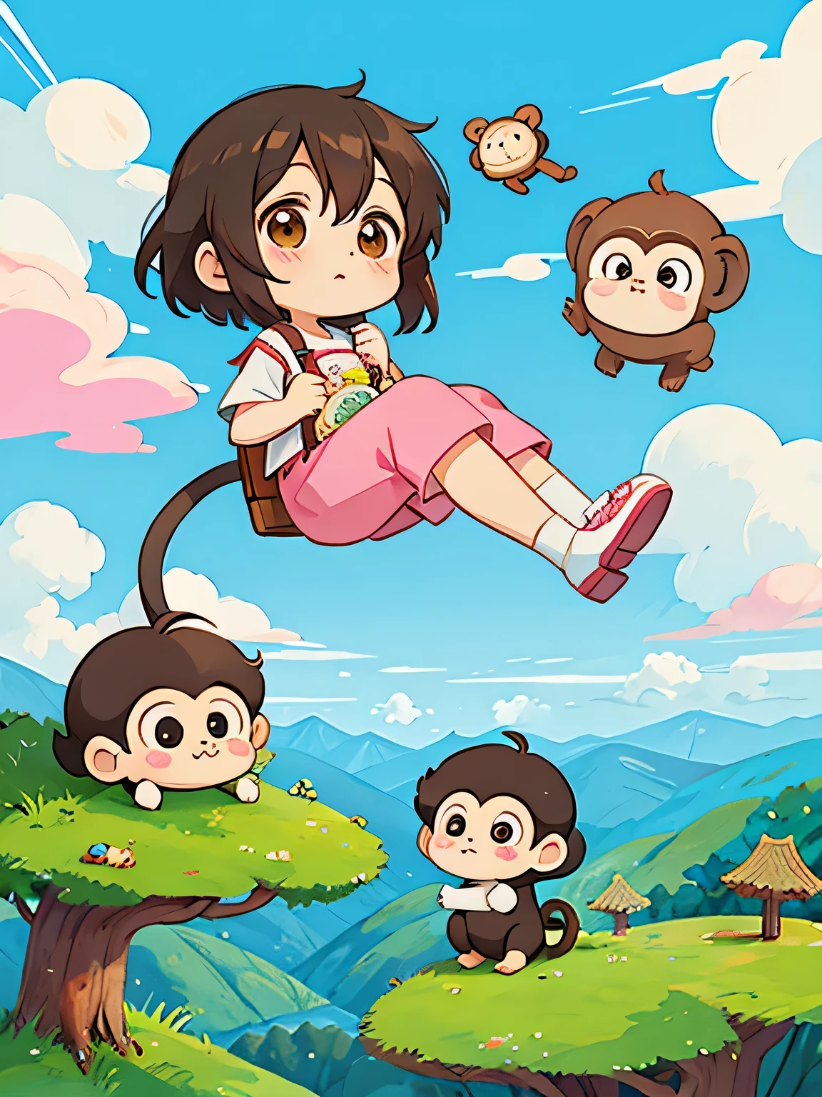 Micho style, Kawaii Design, Chibi girl monkey, monkey Forest, Above the Clouds