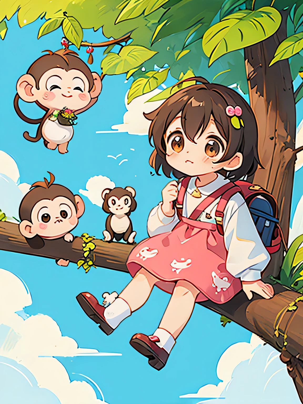 Micho style, Kawaii Design, Chibi girl monkey, monkey Forest, Above the Clouds