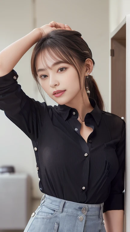 company employee、(Body turned to the side、Shooting from the side、Looking to the side,Shooting from the side:1.6),Not looking here、(General shirt、Wearing a white blouse、Wearing a typical business suit),(The fourth button on her blouse is slightly open.,Only the fourth button is open、White Button、All buttons except the fourth button are closed、Chest visible through the gap in the button、The edge of the bra is visible through the gap between the buttons.:1.4),Mid-chest、slender、ponytail、Black Hair、Beauty、23 years old、cute、smile、(Long shirt:1.8),Tuck the shirt into the skirt