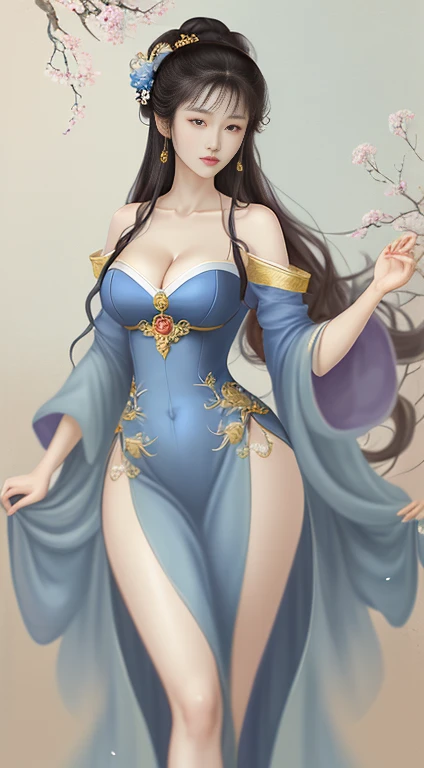 Desirable woman posing for camera in blue and white dress, Beautiful and seductive anime female breasts、Breast sagging、Low-cut，Cleavage，Wide hips,)))((Long legs)),Hourglass figure)), Beautiful fantasy queen, inspired by Fenghua Zhong, Beautiful character painting,，author：Qiu Ying, Sensibility, author：Cold plum, author：Yang Jie, Poster Art, Art bud. Anime Illustrations, Inspired by Chen Yifei, author：Chen Lin