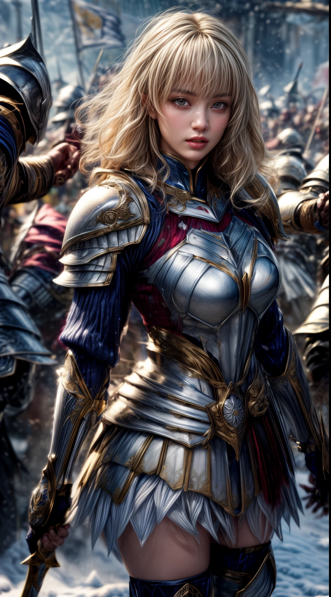 Very beautiful woman、Slender women、(Detailed face)、Realistic Skin、((holy knight)), ((Pearl White Armor))、((((Black armor with very fine and intricate decoration:1.1))))、((Delicate photo))，(Girl Astepeace RAW Photo Details:1.25), (highest quality:1.6), (超A high resolution:1.5), (Realistic:1.75), 8K resolution, Canon EOS R5, 50mm, Absurd, Ultra-detailed,Cinema Lighting,((battlefield))、((battle))、(((White skirt with embellishments)))、Thigh-high socks、Shin Guards、((Blonde))、((Curly Hair))、((Drill Hair))、((Wavy short hair with bangs,))、Get six-pack、Cape、Beautiful Armor、(((Has a huge weapon)))、(In combat)、The wind is blowing、((Symmetrical Armor))、((((Blizzard))))、(((Leading a large group of knights:1.2)))、Banner、Armor with a snow and ice motif、(((Battle Scene)))