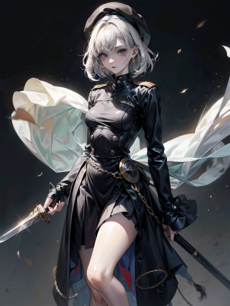 whole body, beret, skirt, uniform, holding a sword, night, (ghosts), ruined, absurdres, RAW photo, extremely delicate and beautiful, masterpiece, Best Quality, ultra high resolution, 32k, hyperrealistic, ultra-detailed, perfect figure, perfect shape, detailed description, pale skin, 20 years old, detailed beautiful face and eyes, tearful mole, earring, short medium hair, wavy hair,