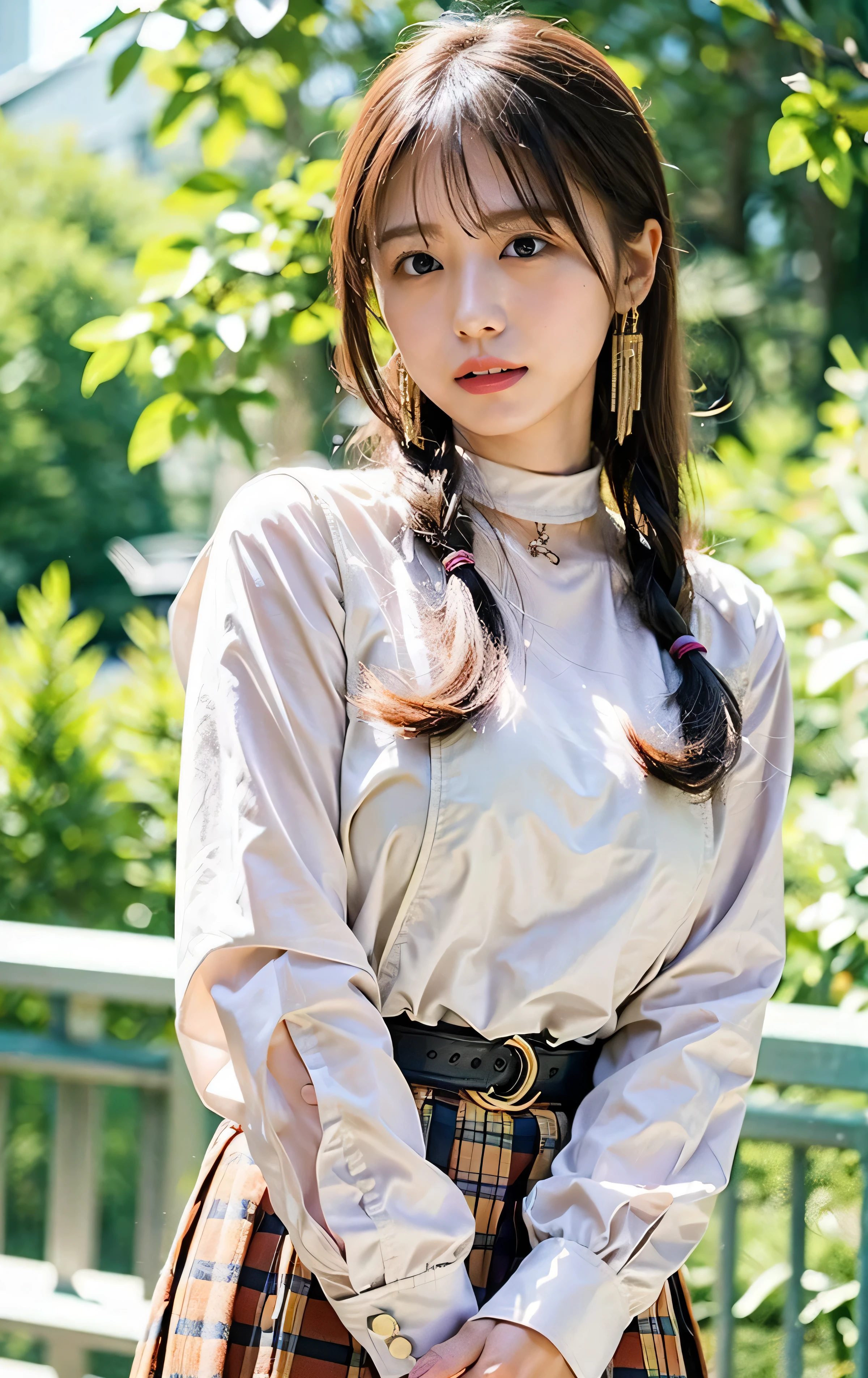 Outdoor Festival、The sun is very bright、Cleavage、choker。((light beige hair color、Side Ponytail:1.4))、Checked Skirt、No sleeve、Outdoor Shot、Cute clothes、Tie your hair up、cream hair color、Leather Belt、Her huge breasts are obvious even from her clothes.、Small earrings、Light brown hair color、Tie your hair up:1.4))、Shiny Hair、Light beige hair color、Background Blur、Braid only the front hair、Light brown hair、{{Cowgirl Shot}}、((Close-up shot from the waist up、Big Breasts:1.4))、Big Breasts、Smile、Silk clothing、Big Breasts that can be seen even through clothes、Braid only the front hair、Cowboy Shot、A luxurious white collared silk shirt and a checked skirt、Elegant attire、Luxury Bags、A lovely smile、((Skimpy clothing))、Full body photo、ring、Short skirt、Tuck your hair behind one ear、Silver Necklace、smile、 Elegant ponytail、Caustics、Highly detailed photos、Very beautiful and ideal medium hair、Big Breasts、Super no makeup、(8k、RAW Photos、highest quality、masterpiece:1.2)、(Realistic、Realistic)、1 girl、((Big Breastedium Hair、Looking into the camera:1.4))、Hair blowing in the wind