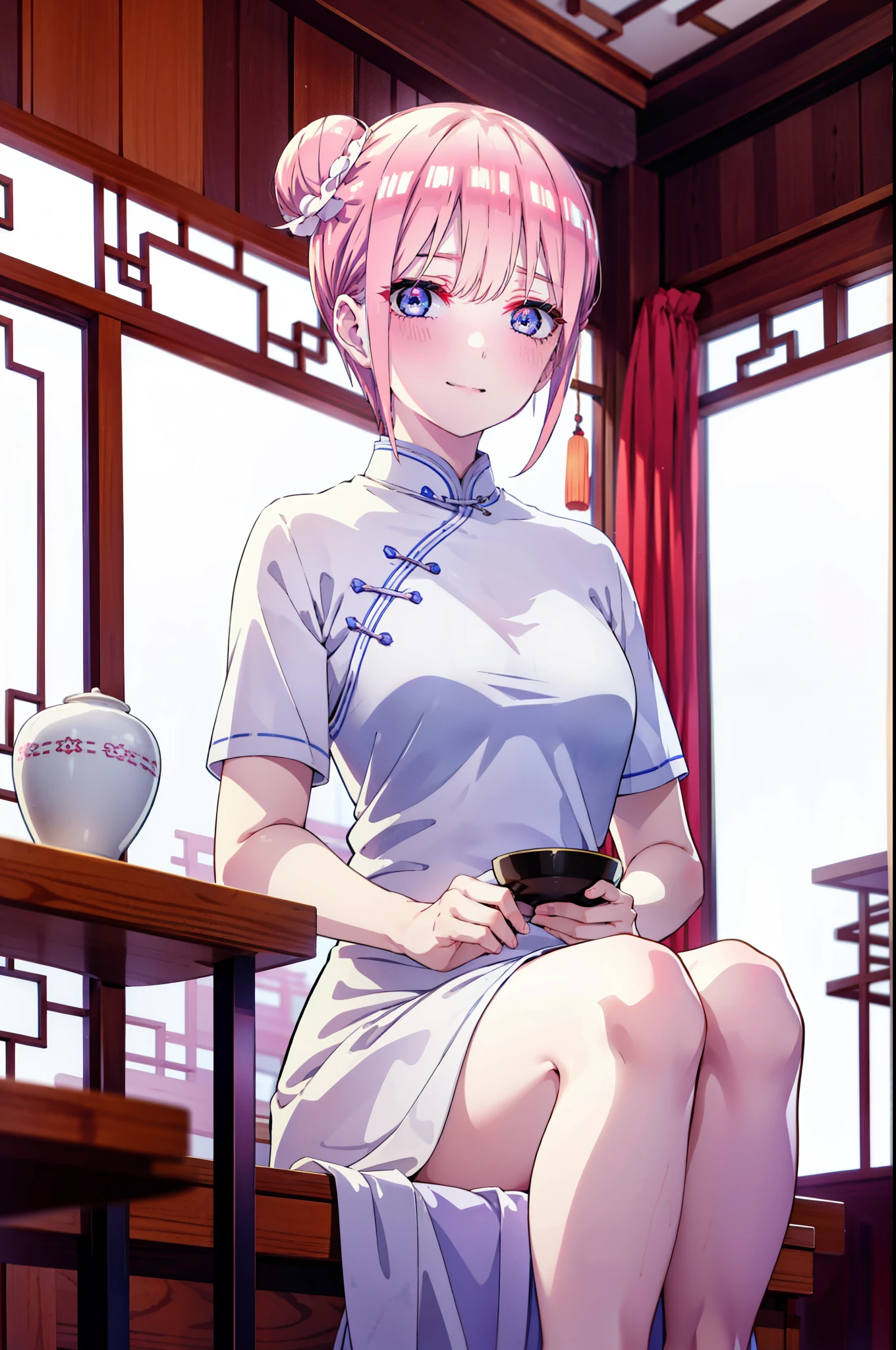 ichikanakano, ichika nakano, short hair, bangs, blue eyes, Hair between the eyes, Pink Hair, One side up, happy smile, smile, Open your mouth,blush,Open your mouth,White Chinese Dress,Hair Bun, double  Hair Bun,Black pantyhose,Stiletto heels,whole bodyがイラストに入るように,Sitting cross-legged on a chair,
break indoors, Chinese Restaurant,                       　  break looking at viewer, whole body,
break (masterpiece:1.2), highest quality, High resolution, unity 8k wallpaper, (shape:0.8), (Beautiful and beautiful eyes:1.6), Highly detailed face, Perfect lighting, Extremely detailed CG, (Perfect hands, Perfect Anatomy),