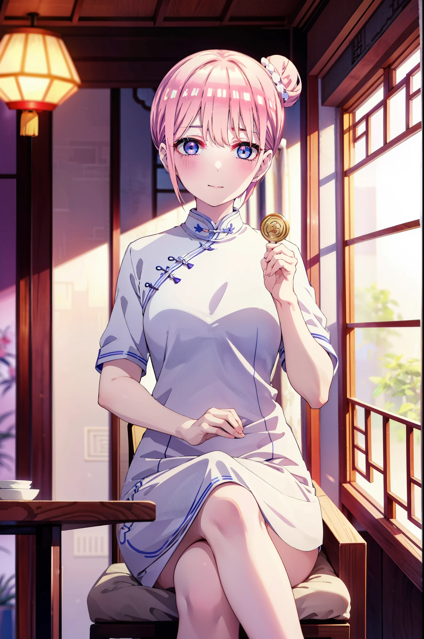 ichikanakano, ichika nakano, short hair, bangs, blue eyes, Hair between the eyes, Pink Hair, One side up, happy smile, smile, Open your mouth,blush,Open your mouth,White Chinese Dress,Hair Bun, double  Hair Bun,Black pantyhose,Stiletto heels,whole bodyがイラストに入るように,Sitting cross-legged on a chair,
break indoors, Chinese Restaurant,                       　  break looking at viewer, whole body,
break (masterpiece:1.2), highest quality, High resolution, unity 8k wallpaper, (shape:0.8), (Beautiful and beautiful eyes:1.6), Highly detailed face, Perfect lighting, Extremely detailed CG, (Perfect hands, Perfect Anatomy),