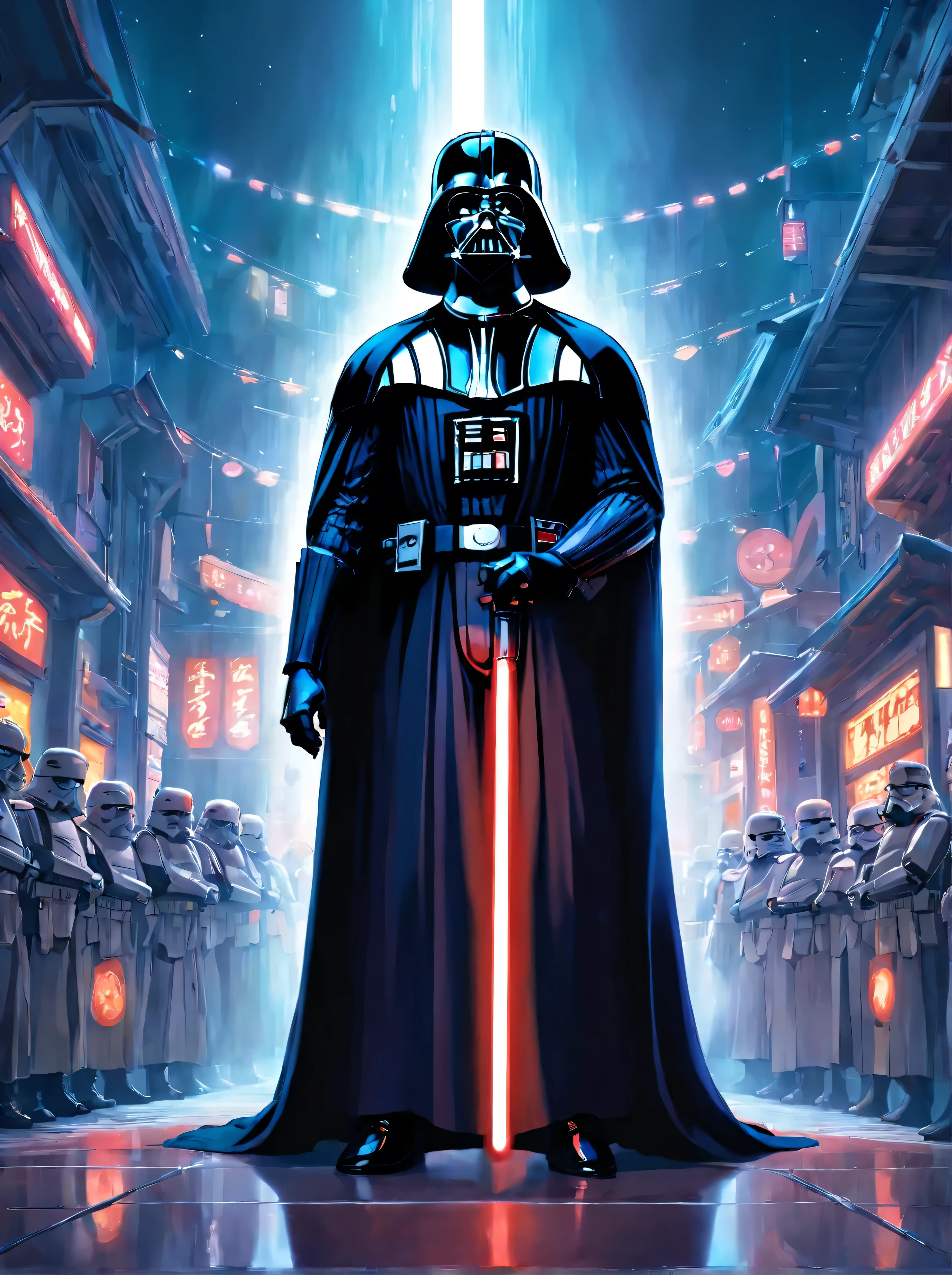 a menacing darth vader,a legion of highly detailed and photorealistic imperial stormtroopers,incredible cinematic lighting,dramatic composition,intricate and realistic textures,stunning sci-fi atmosphere,epic scale,masterpiece,best quality,8k,photorealistic,cinematic,dramatic,hyperrealistic,chiaroscuro lighting,cold colors,dark tones