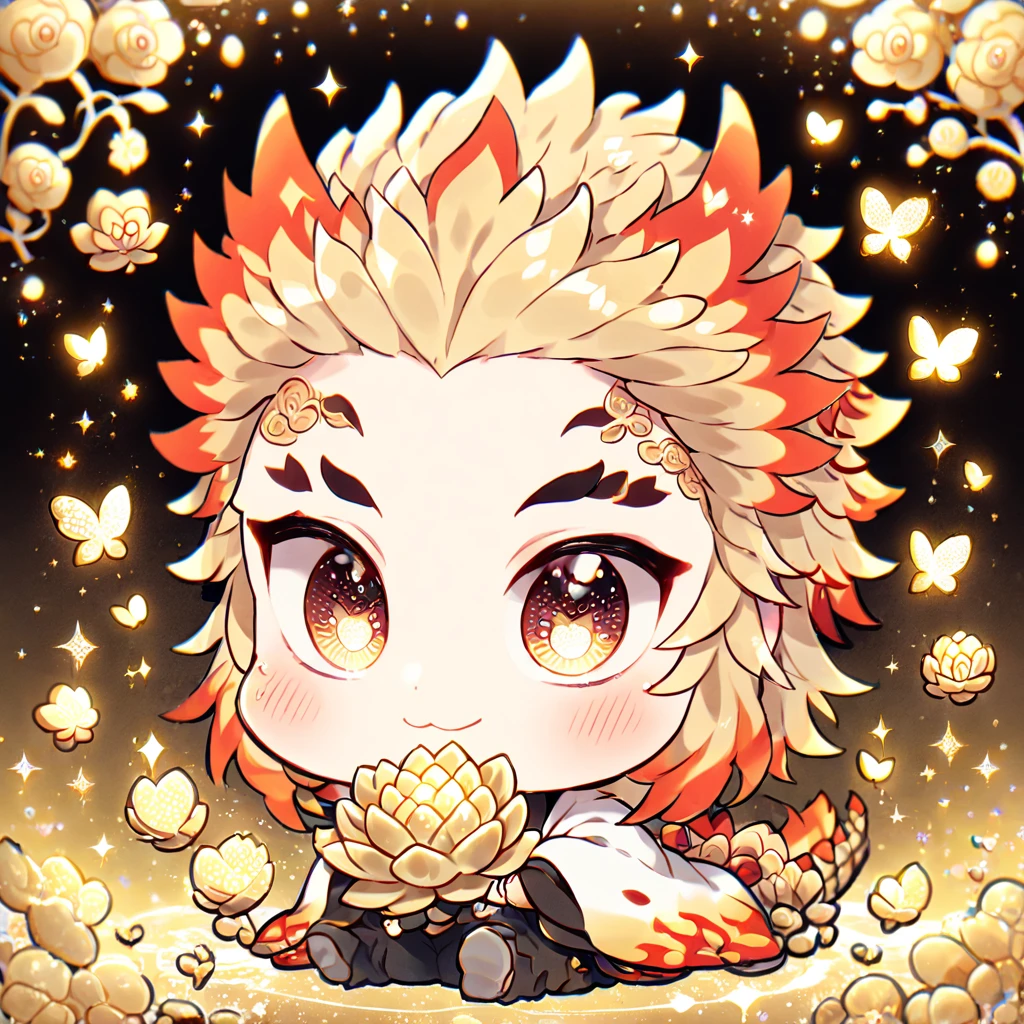Ultra detailed, Highres, absurdres, HDR, Rengoku Kyojuro chibi, blond hair, expressive golden eyes, white haori with patterns, Kimetsu No Yaiba, fantasy, glittering golden butterflies, petals, handsome, man, very detailed eyes and face, master piece, black uniform, glittering, golden lotus, golden background, hugging a golden dragon, cute, love, magical,