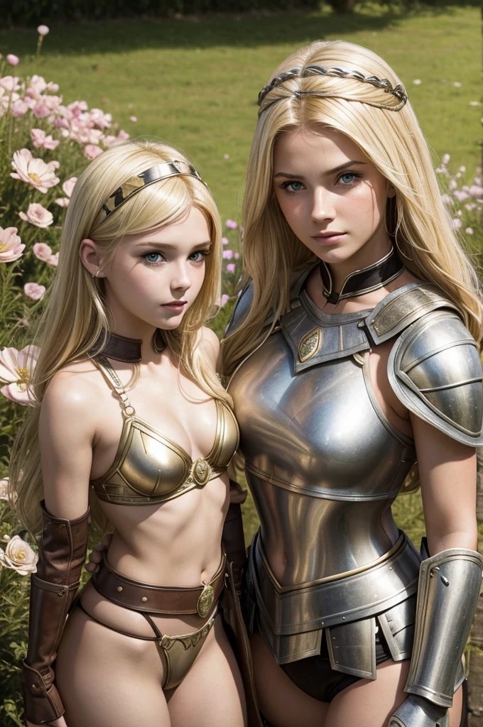 two sisters portrait break: woman, 20 years old, roman warrior, queens blade , middle age, blonde, detailed face, curvy, fighter position, background in uk land break: girl, roman warrior, princess blade , 14 yenager girl, s breasts, mini cropped, valkyrian princess ,blonde, detailed face, beautiful, confiant, background in uk land with flowers
