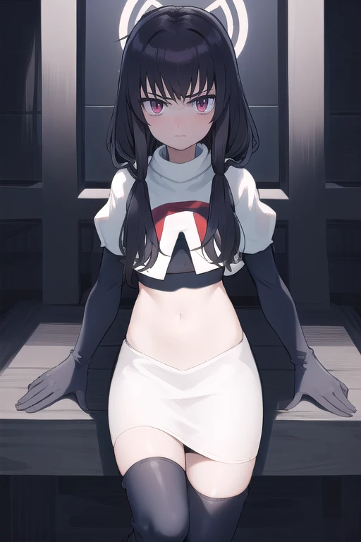 uidef, team rocket,team rocket uniform,white skirt,red letter R,crop top,black thigh-highs,black elbow gloves, looking at viewer, moody lighting, facing viewer,expressionless,sanpaku,