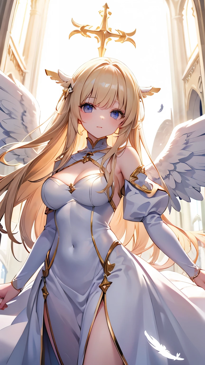 gorgeous adult woman, long blonde hair, bangs, perfect eyes, soft light, high quality, 4k resolution, ((angel)), An angel with wings on his back, an angel descending from the sky, feathers scattered in the background, light shining from above, at Cathedral
