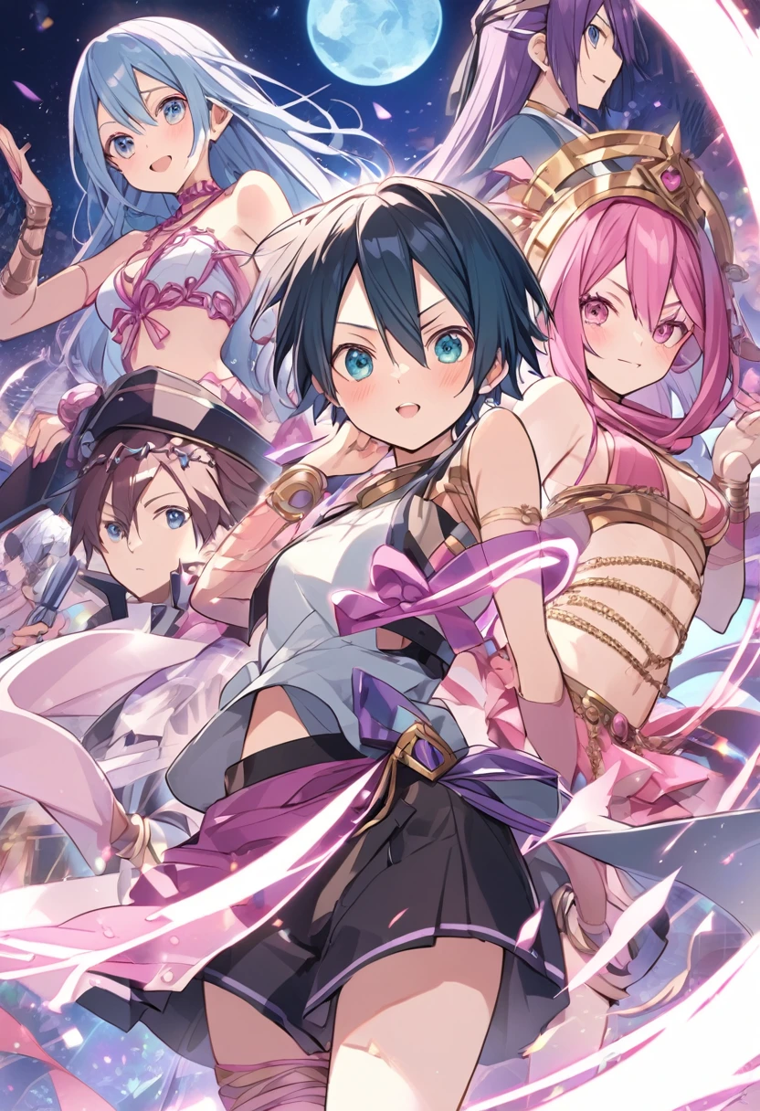 Kirito, Pink egyptian dancer's clothing, blushing and smiling, brown skin, long black hair, standing alone in the dance hall, big breasts breast enlargement breasts looking into camera illustration, ultra-detailed, HDR, vibrant colors, soft lighting