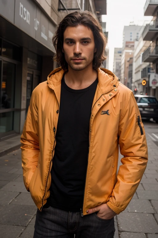 Large jackets for men for modern cold and heat, with small removable hood, de color naranja con 4 bolsillos afuera