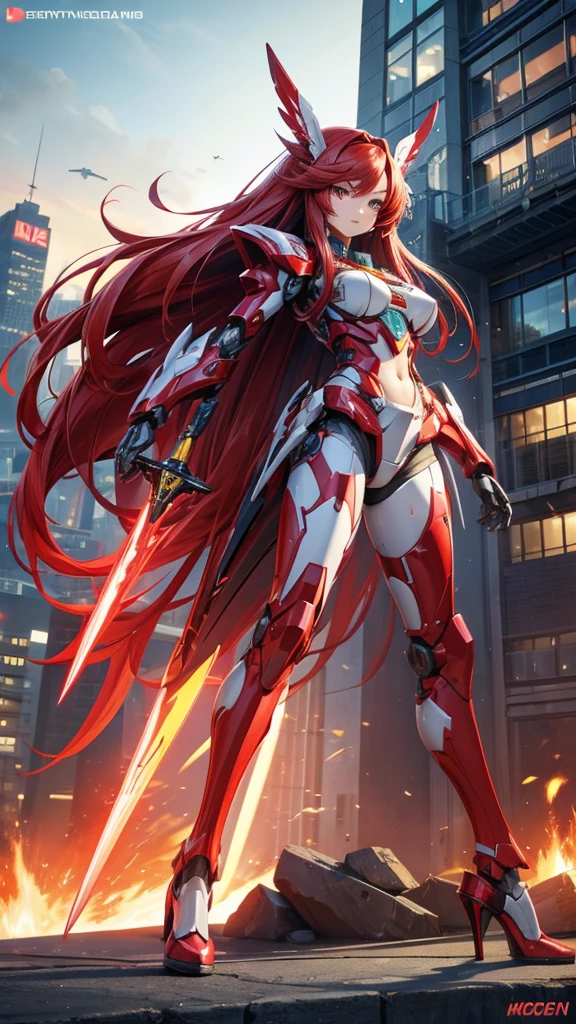 Female mecha with long straight red hair,Female robot, , Sci-fi fluorescent armor, Chest,mechanical joint,wing,thigh, High heel, sci-fi sword,City