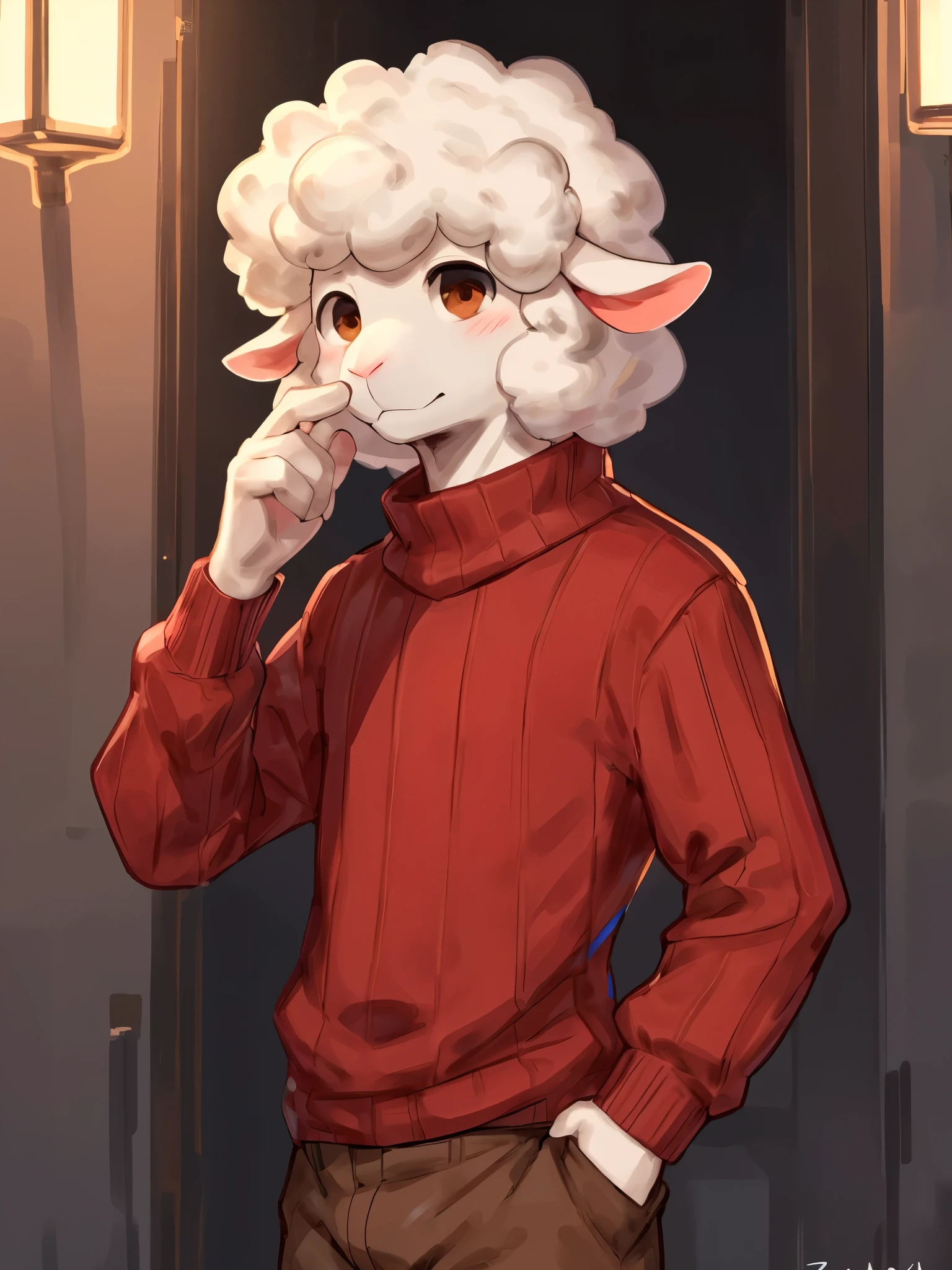 (soft shading), 4k, hi res, ((detailed face, detailed, Best quality, masterpiece, detailed anatomy, detailed eyes, detailed hands, perfect lighting, perfect shading)), by Buta99, by Zackary911, 1male, Sheep, white furs body, brown eyes, skinny young body, red sweater, brown pants