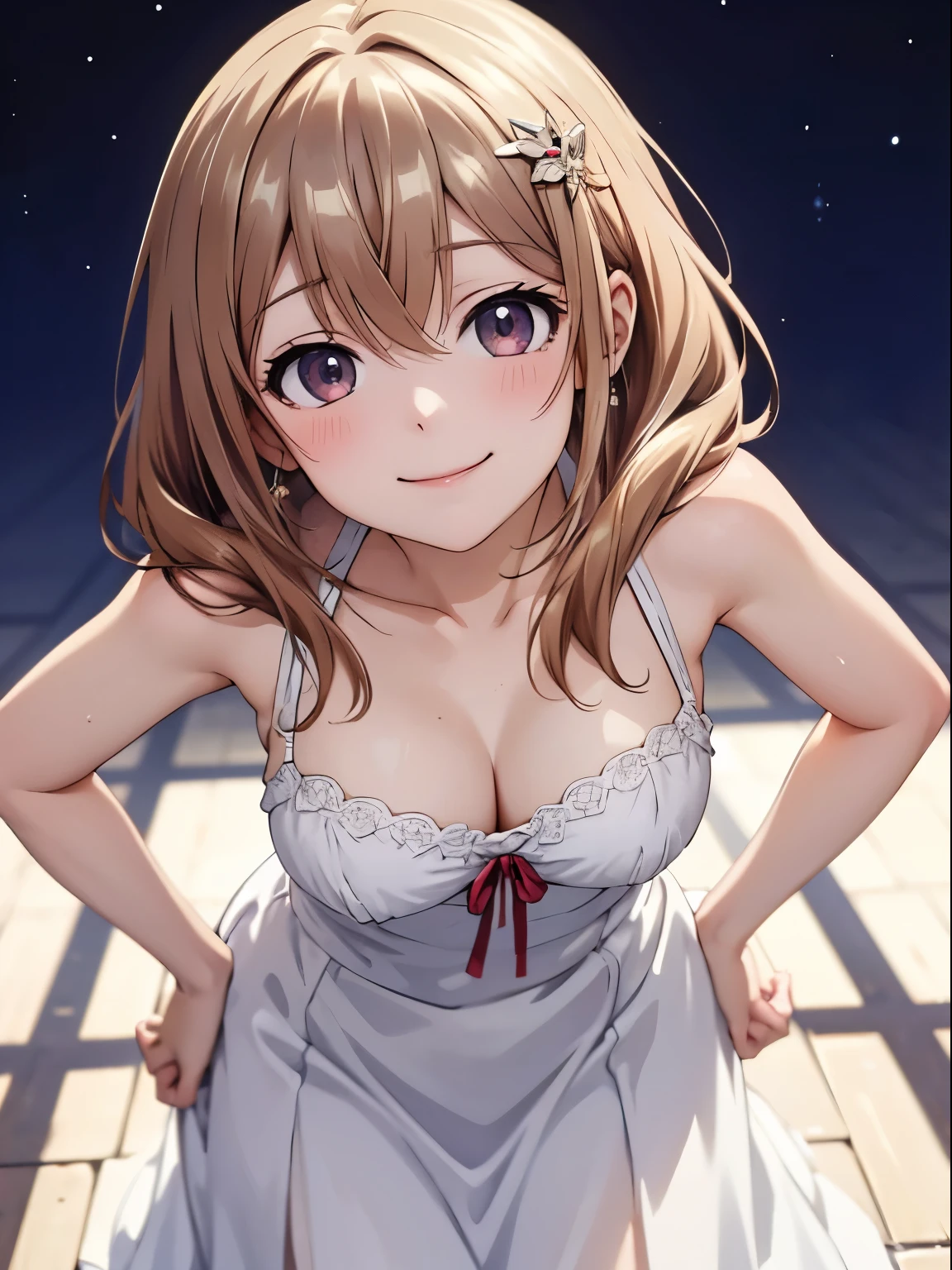 highest quality, High resolution, 4K、Anatomically correct、Shiori Katase、High Quality Anime Girls、One Girl, solo、Medium chest,Hands behind your hips、hair ornaments ,smile、Closed Mouth、White long skirt、Absolute reference to the center、Cute no matter who looks at it、clavicle,Absolute reference to center、whole body、Cowboy Shot、Highly detailed face、Leaning forward