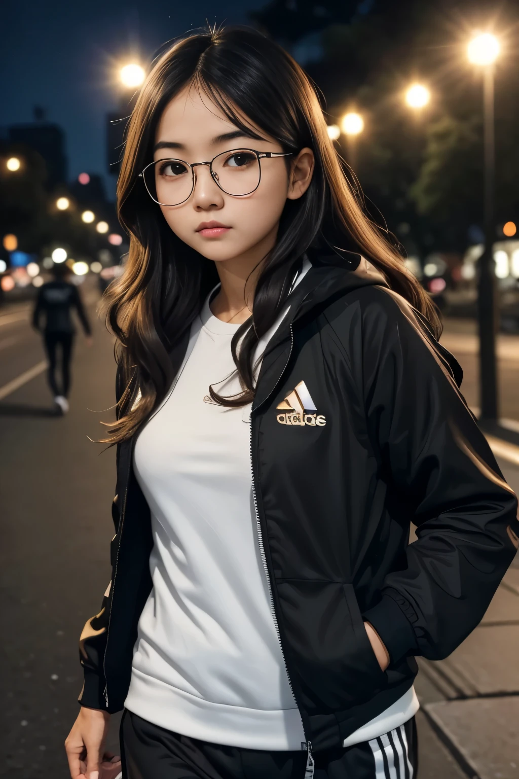 detailed face of photo. 20 year old white skin slim body Indonesian girl with a sweet  face,   round face chubby face and long brown wavy hair, round glasses wearing adidas black sport jacket with black long adidas  training pants currently jogging in the dark morning in the city park