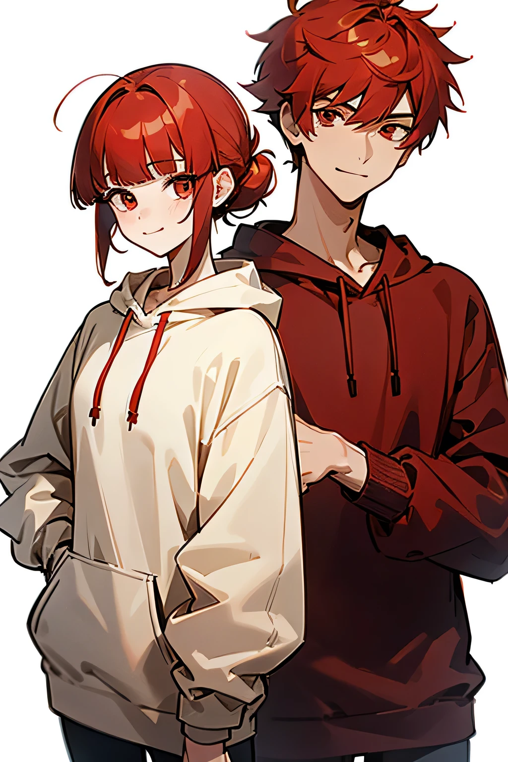 masterpiece,detailed,couple,( 1 girl and 1 male ), red hair male, ( male with red wolfcut hairstyle:1.3 ) , male's nape hair is long , ( beige hair girl ) , chignon hairstyle girl, ( girl with single chignon hairstyle:1.3 ), messy blunt bangs male , girl with blunt bangs, oversized wear, male wearing pink hoodie , ( girl wearing white sweatshirt:1.3 ) , deep-red eye , ( male face:1.3 ), happy smile girl, smile male , ( side by side ) , from front , looking at viewer , (cowboy shot:1.3) , (simple white background:1.3)