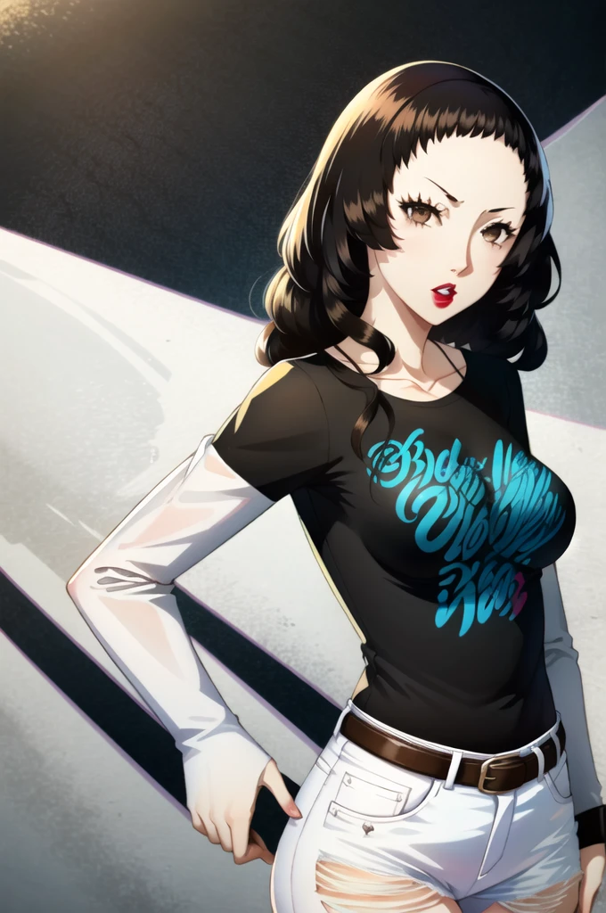 ((masterpiece, best quality))
Persona4AiEbihara, 1girl, solo, black t-shirt, white shirt, blue jeans, belt, lipstick, large breasts, brown hair, brown eyes,