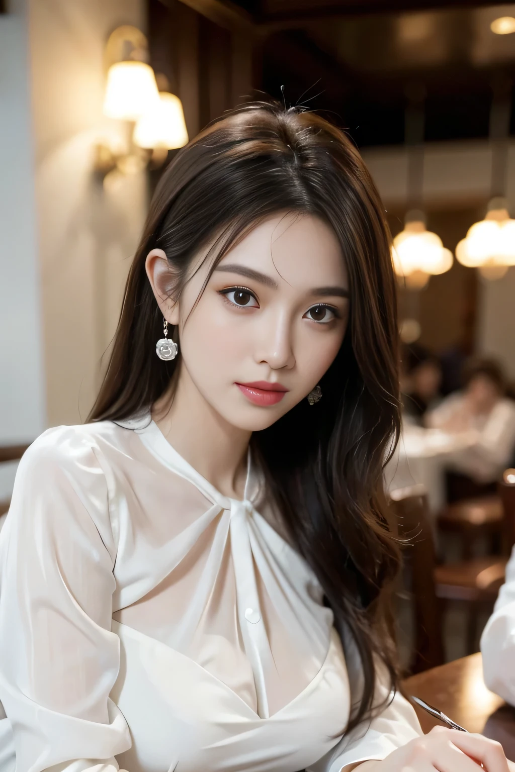 masterpiece, highest quality, Realistic, Very detailed, Finer details, High resolution, 8k wallpaper, One beautiful woman, Wear an elegant white see-through blouse, In a great restaurant, At night, Light brown messy hair, Perfect dynamic composition, Beautiful and beautiful eyes、Big earrings