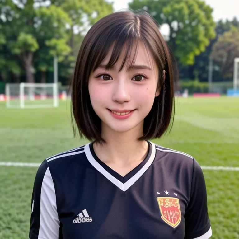 (kawaii 24 year-old Japanese girl, Nogizaka idol, Korean idol, soccer player), healthy female athlete body, (glossy black hair, very short hair, bangs:1.3), beautiful black eyes, rounded face, single eyelid, (no makeup:1.2), (big laughing), (soccer uniform:1.3), extra small breasts, BREAK, (turf in the park background, summer daytime:1.2), (dynamic angle, bust shot:1.2), BREAK, (masterpiece, best quality, photo realistic, official art:1.4), (UHD, 8K quality wallpaper, high resolution, raw photo, golden ratio:1.3), (shiny skin), professional lighting, physically based rendering, award winning, (highly detailed skin texture, extremely detailed face and eyes textures), Carl Zeiss 85 mm F/1.4, depth of field, (1girl, solo),
