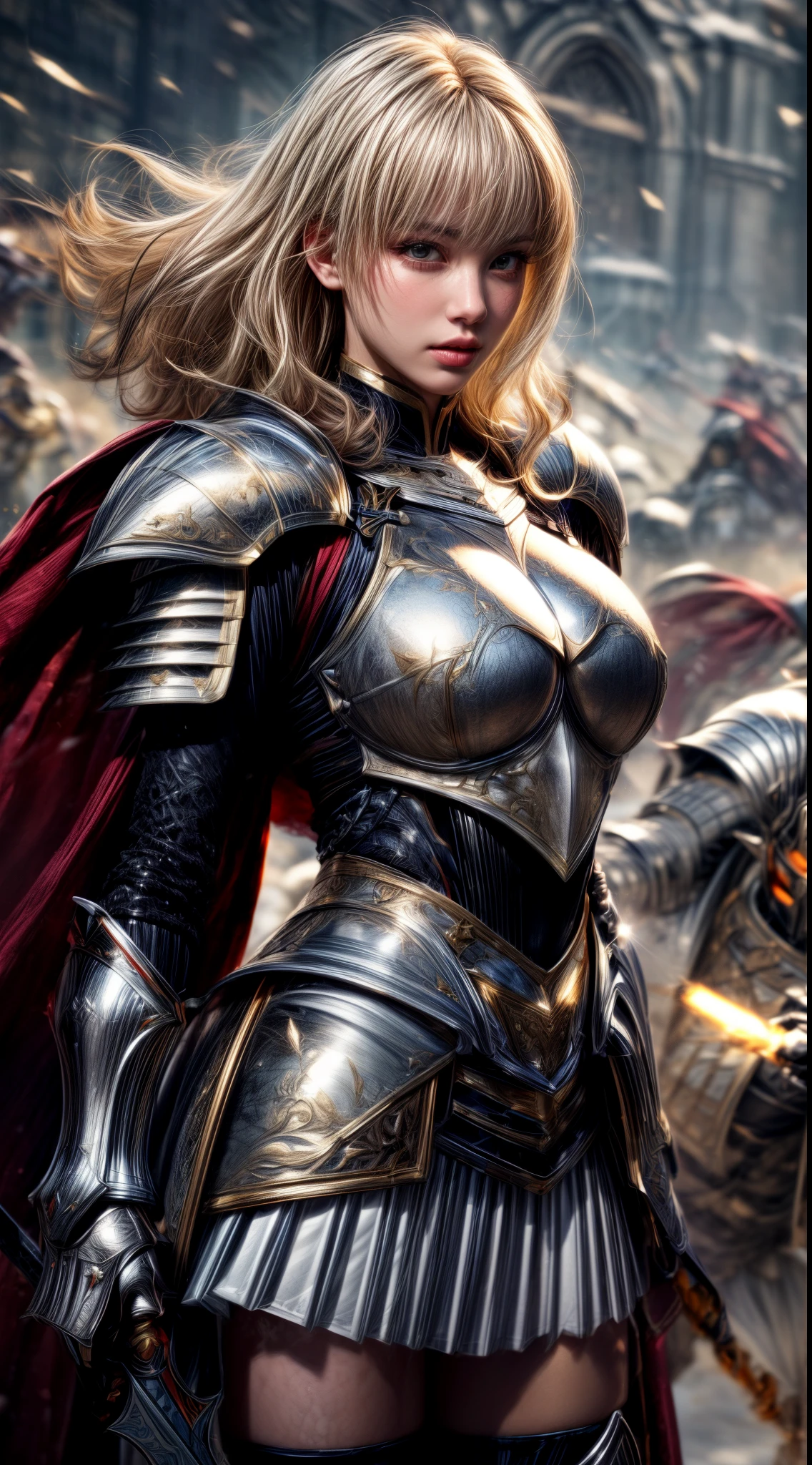 Very beautiful woman、Slender women、(Detailed face)、Realistic Skin、((holy knight)), ((Pearl White Armor))、((((White armor with very delicate and delicate decorations:1.1))))、((Delicate photo))，(Girl Astepeace RAW Photo Details:1.25), (highest quality:1.6), (超A high resolution:1.5), (Realistic:1.75), 8K resolution, Canon EOS R5, 50mm, Absurd, Ultra-detailed,Cinema Lighting,((battlefield))、((battle))、(((White skirt with embellishments)))、Thigh-high socks、Shin Guards、((Blonde))、((Curly Hair))、((Drill Hair))、((Wavy short hair with bangs,))、Get six-pack、Cape、Beautiful Armor、(((Has a huge weapon)))、(In combat)、The wind is blowing、((Symmetrical Armor))、((((Light shines in))))、(((Leading a large group of knights:1.2)))、Banner、Armor with a snow and ice motif、(((Battle Scene)))