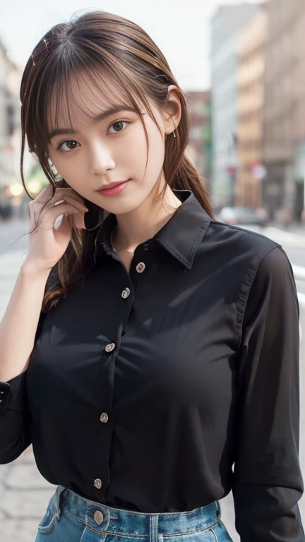 company employee、(Body turned to the side、Shooting from the side、Looking to the side,Shooting from the side:1.6),Not looking here、(General shirt、Wearing a white blouse、Wearing a typical business suit),(The fourth button on her blouse is slightly open.,Only the fourth button is open、White Button、All buttons except the fourth button are closed、Chest visible through the gap in the button、The edge of the bra is visible through the gap between the buttons.:1.6),Mid-chest、slender、ponytail、Black Hair、Beauty、23 years old、cute、smile、(Long shirt:1.8),Tuck the shirt into the skirt