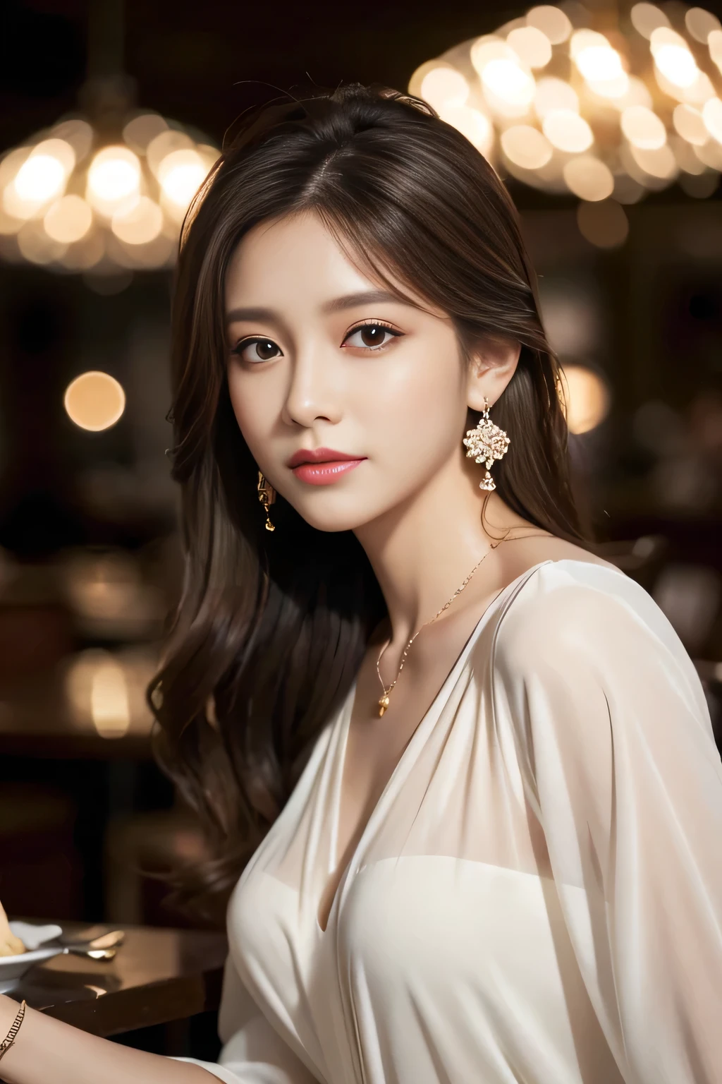 masterpiece, highest quality, Realistic, Very detailed, Finer details, High resolution, 8k wallpaper, One beautiful woman, Wear an elegant white see-through blouse, In a great restaurant, At night, Light brown messy hair, Perfect dynamic composition, Beautiful and beautiful eyes、Big earrings
