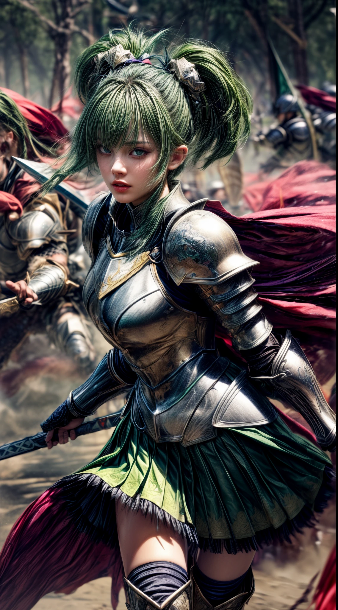 Very cute 、No makeup、Slender、(((low length)))、(Detailed face)、Realistic Skin、((Wind Knight)), ((Dark Green Armor))、((((Very delicate and delicately decorated armor:1.1))))、((Delicate photo)),(Girl Astepeace RAW Photo Details:1.25), (highest quality:1.6), (超A high resolution:1.5), (Realistic:1.75), 8K resolution, Canon EOS R5, 50mm, Absurd, Ultra-detailed,Cinema Lighting,((battlefield))、((battle))、(((Decorative green skirt)))、Thigh-high socks、Shin Guards、((Dark green hair))、((Low Twintails))、((Hairstyle with bangulticolored Hair))、Get six-pack、Cape、Beautiful Armor、(((Has a huge weapon)))、(In combat)、The wind is blowing、((Symmetrical Armor))、((((tornado))))、(((Leading a large group of knights:1.2)))、Banner、Lion-themed armor、(((Battle Scene)))