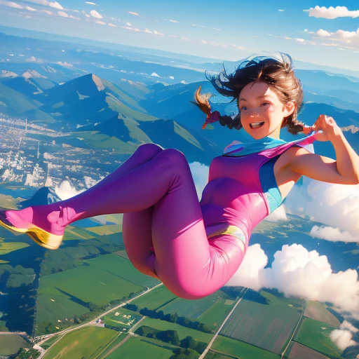 floating in the air, skydiving, 10 meters high, mountain, smile politely, braid, revealing leotard, young girl