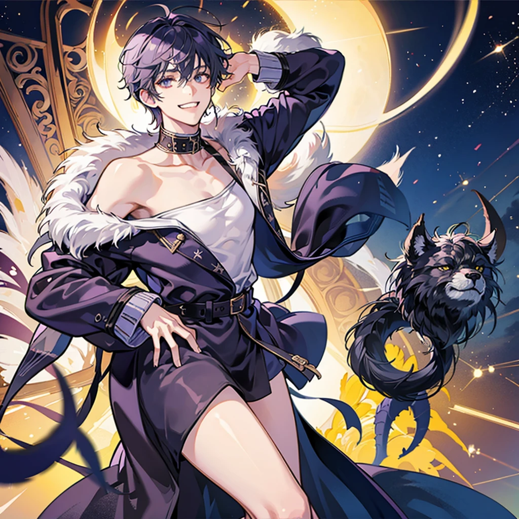Tall, muscular man, lanky man, purple skin color, handsome, toned purple skinned alien man, black eyes, black scelera, big sweater, oversized sweater, smiling, short fluffy hair, fluffy white hair, grinning sharp teeth