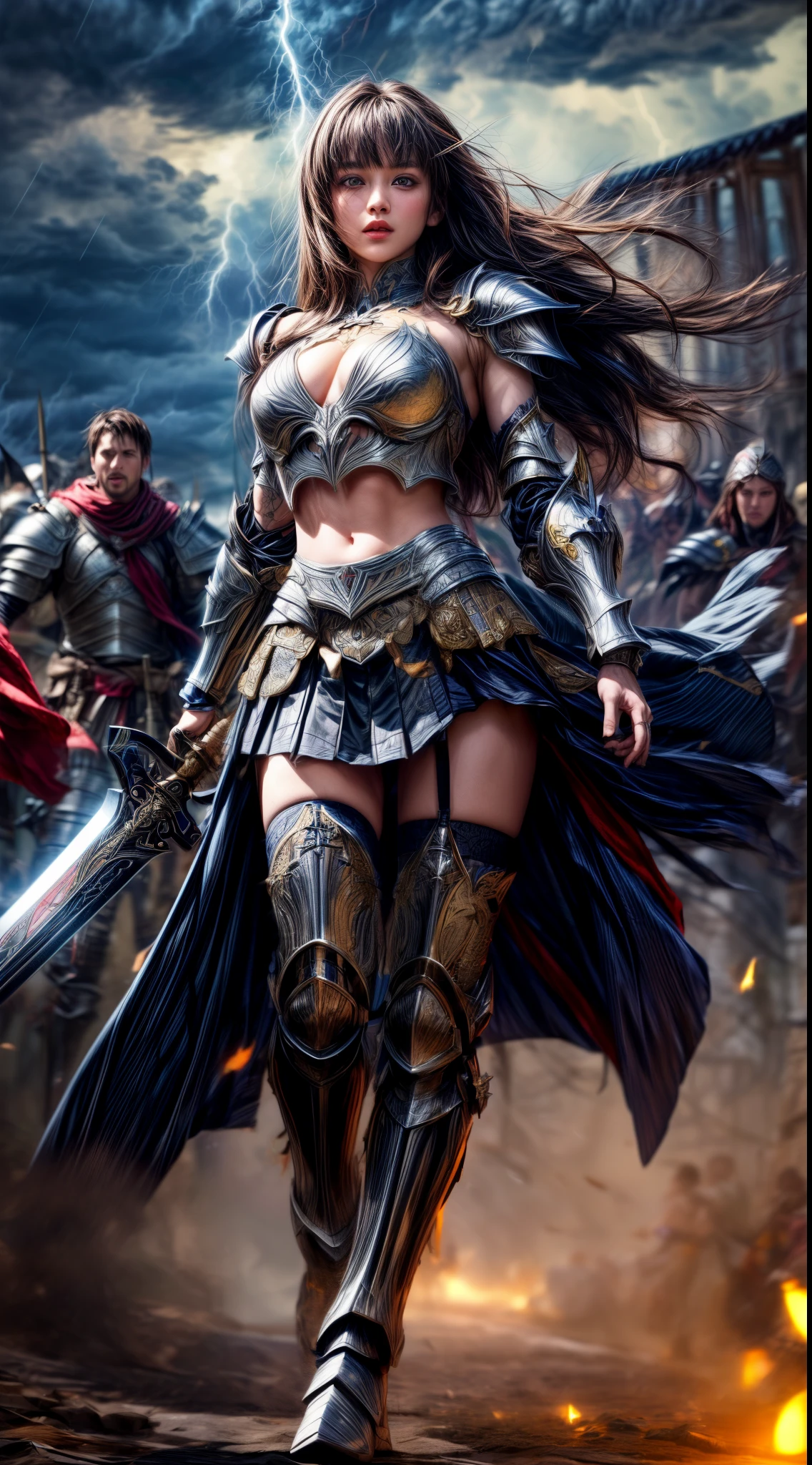 Cowboy Shot、Very beautiful woman、Slender women、(Detailed face)、Realistic Skin、((Lightning Knight)), (Ebon Armor)、((((Jet black armor with extremely intricate and detailed decorations.))))、((Delicate photo)),(Girl Astepeace RAW Photo Details:1.25), (highest quality:1.6), (超A high resolution:1.5), (Realistic:1.75), 8K resolution, Canon EOS R5, 50mm, Absurd, Ultra-detailed,Cinema Lighting,Battlefields of Medieval Europe、((battle))、RPG World、Final Fantasy、(((Embellished skirt)))、Thigh-high socks、Shin Guards、night、((Long hair with bangs,))、Get six-pack、Torn Cloak、Beautiful Armor、(((Giant Sword)))、In combat、The wind is blowing、((Asymmetrical Armor:1.5))、(((thunderstorm)))、((Knight Commander))、(((Leading a large group of black knights)))、Banner、Wolf Pattern:1.5、(((Battle Scene)))、