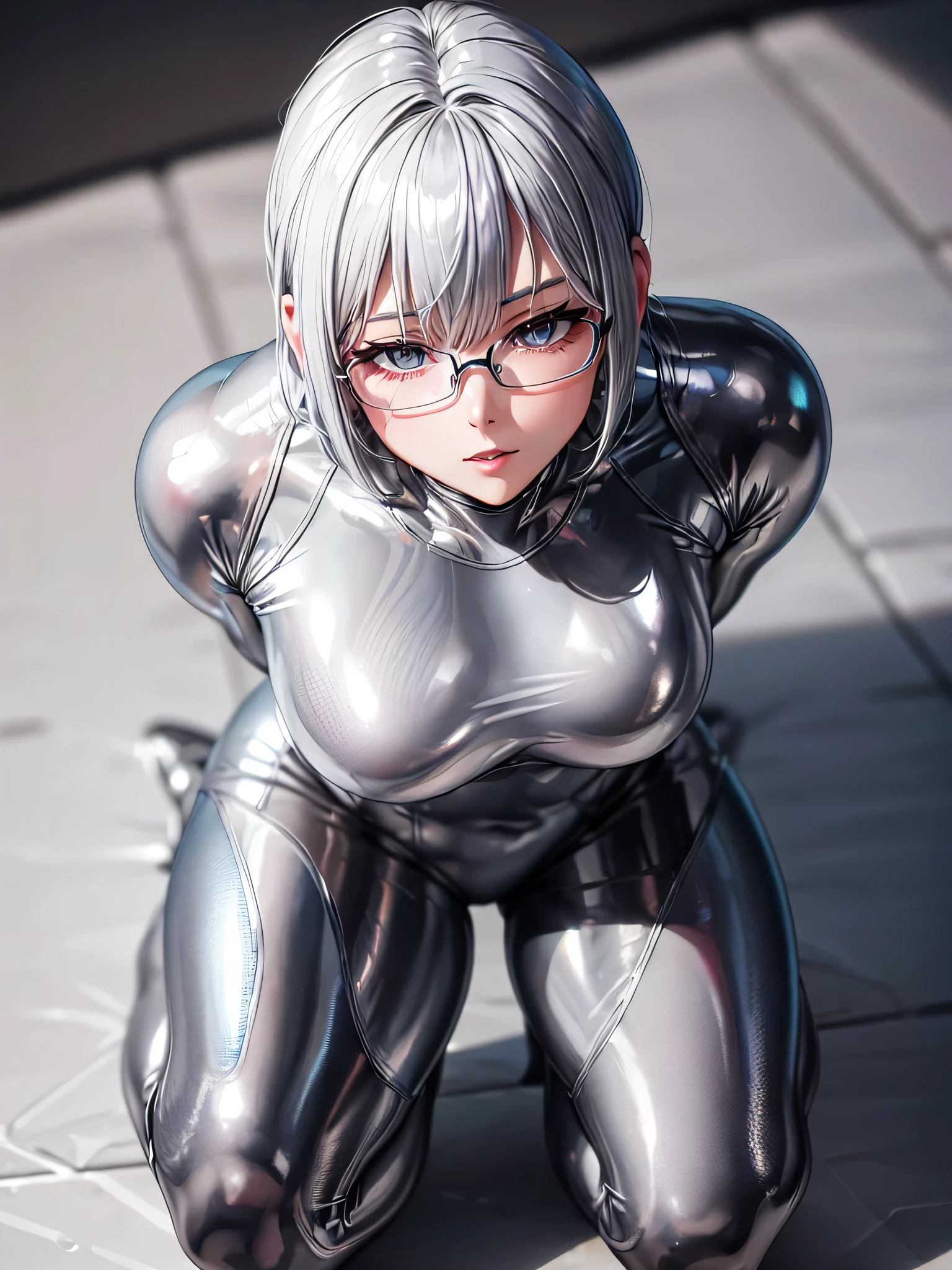 Highest quality 8K UHD、Mastepiece、Close-up、short hair、Looking down from above、Squatting with legs apart、Silver Hair、Glasses、Shiny silver tights、A beautiful woman wearing a full-body silver metallic suit、Full body silver metallic rubber suit