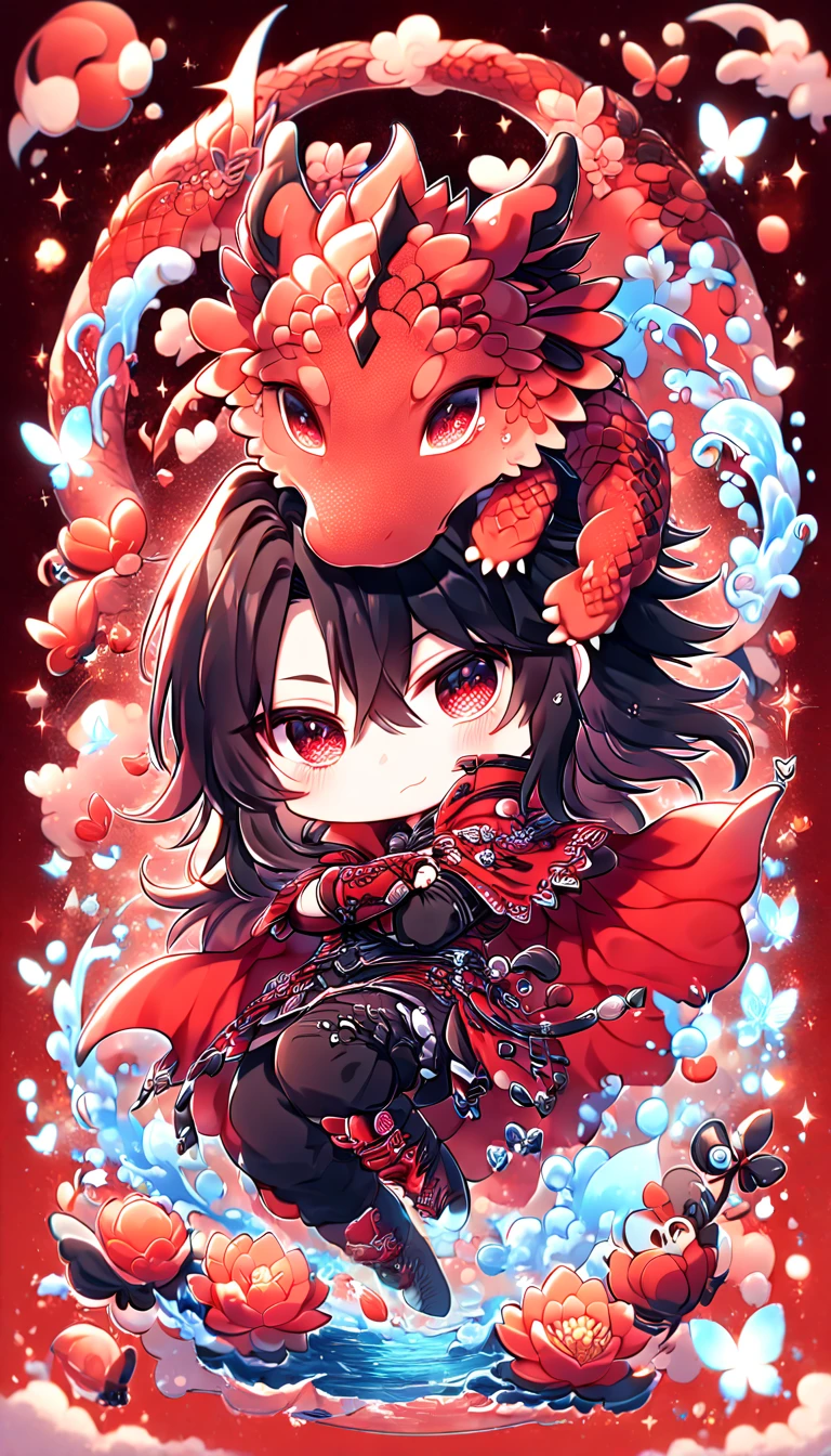 absurdres, highres, ultra detailed, HDR, master piece, best quality, Vincent Valentine chibi, black long hair, expressive red eyes, final fantasy dirge of cerberus, cute, hugging a red dragon, red cape, black clothes, patterns, magical, fantasy, red background, red lotus, shining, red petals, red glittering butterflies, water