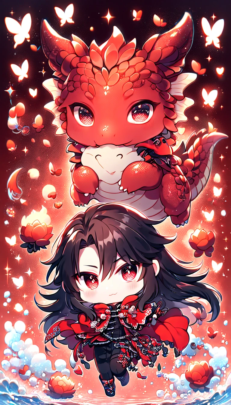 absurdres, highres, ultra detailed, HDR, master piece, best quality, Vincent Valentine chibi, black long hair, expressive red eyes, final fantasy dirge of cerberus, cute, hugging a red dragon, red cape, black clothes, patterns, magical, fantasy, red background, red lotus, shining, red petals, red glittering butterflies, water
