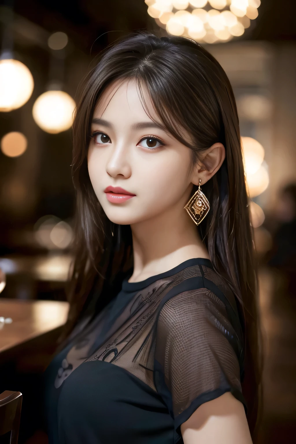 masterpiece, highest quality, Realistic, Very detailed, Finer details, High resolution, 8k wallpaper, One beautiful woman, Wear a black see-through shirt, In a great restaurant, At night, Light brown messy hair, Perfect dynamic composition, Beautiful and beautiful eyes、Big earrings